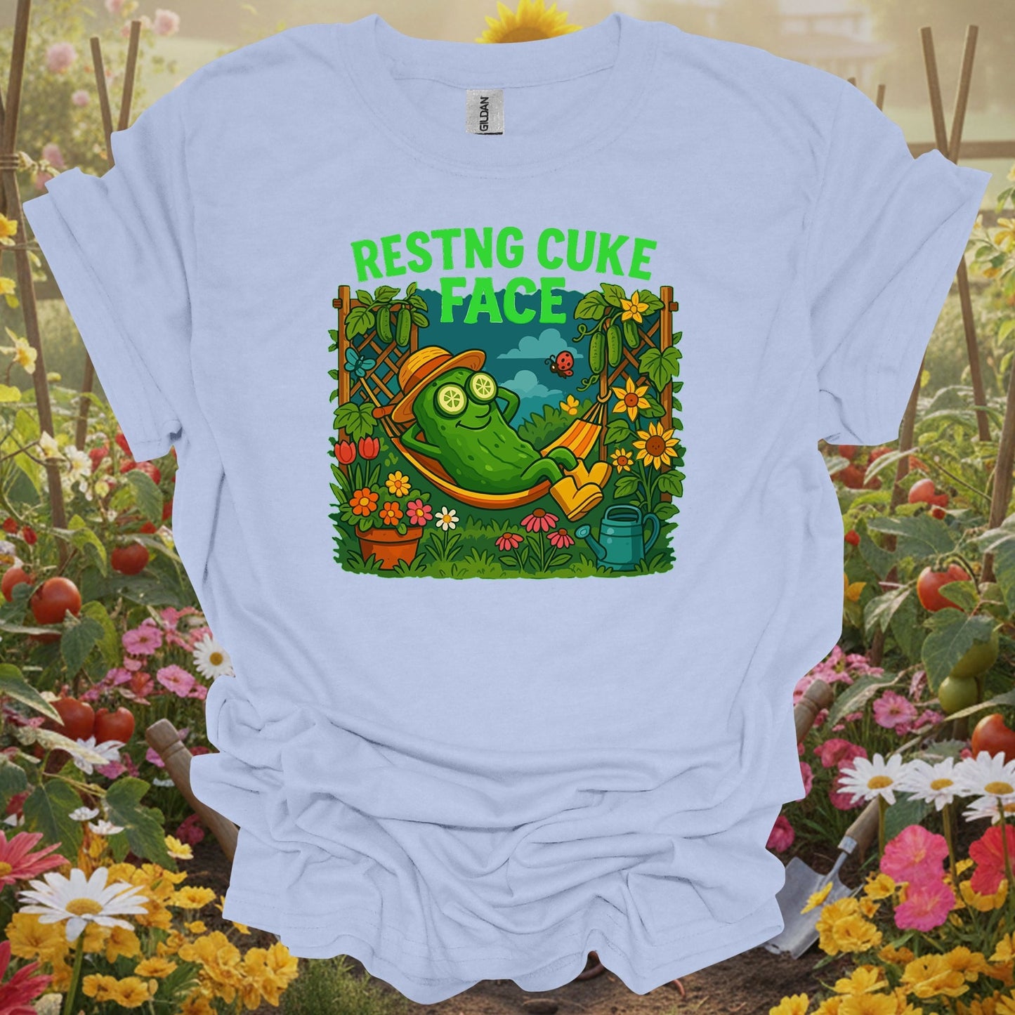 Light Blue shirt showing resting cuke face funny pickle hammock for home gardeners