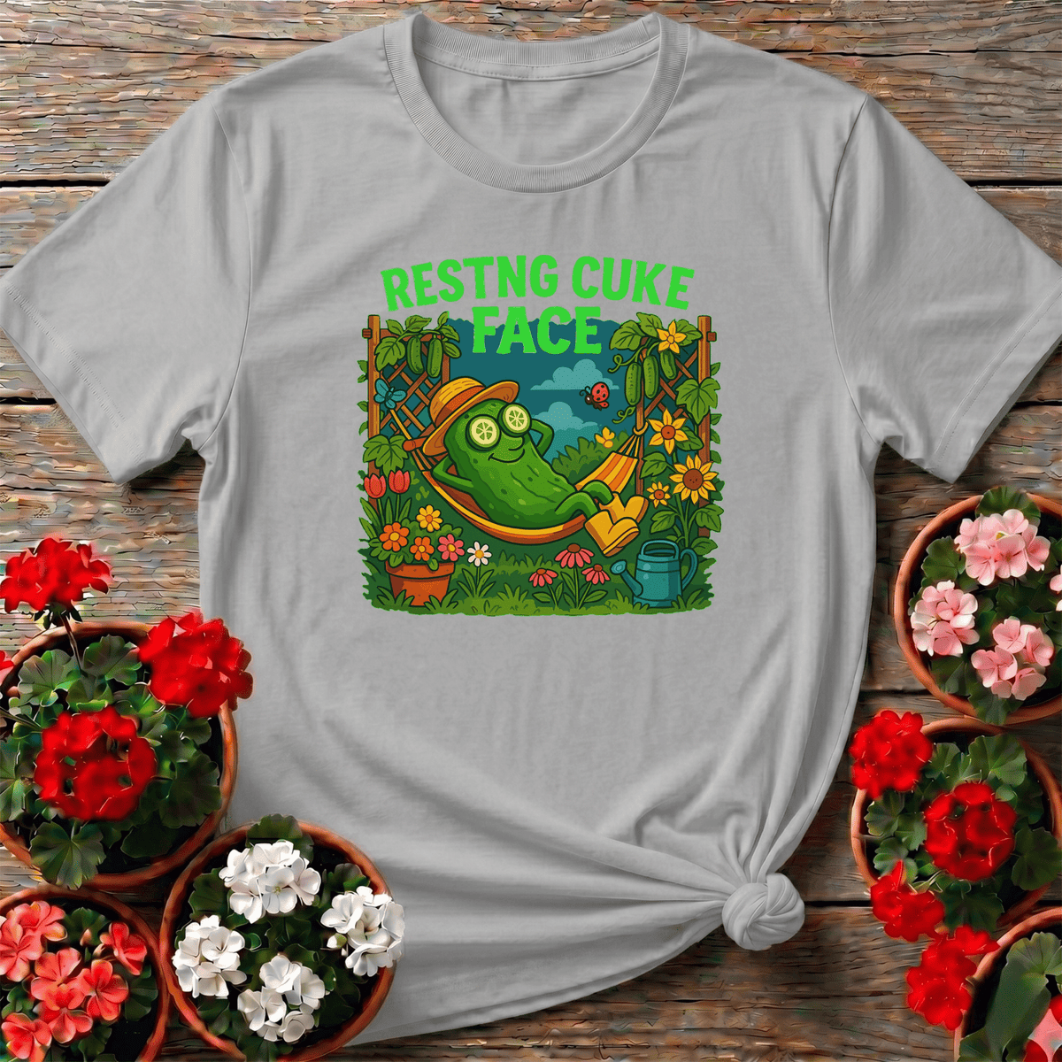 Resting Cuke Face Funny Pickle Hammock T-shirt - GardeningTshirts