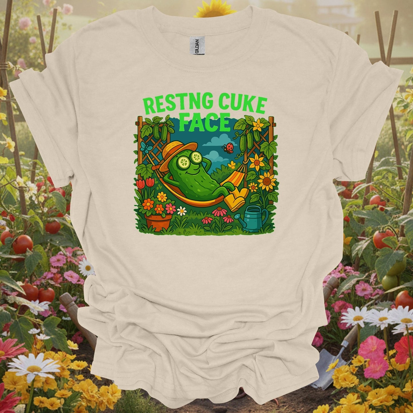 Natural tshirt showing resting cuke face funny pickle hammock for people who love plants
