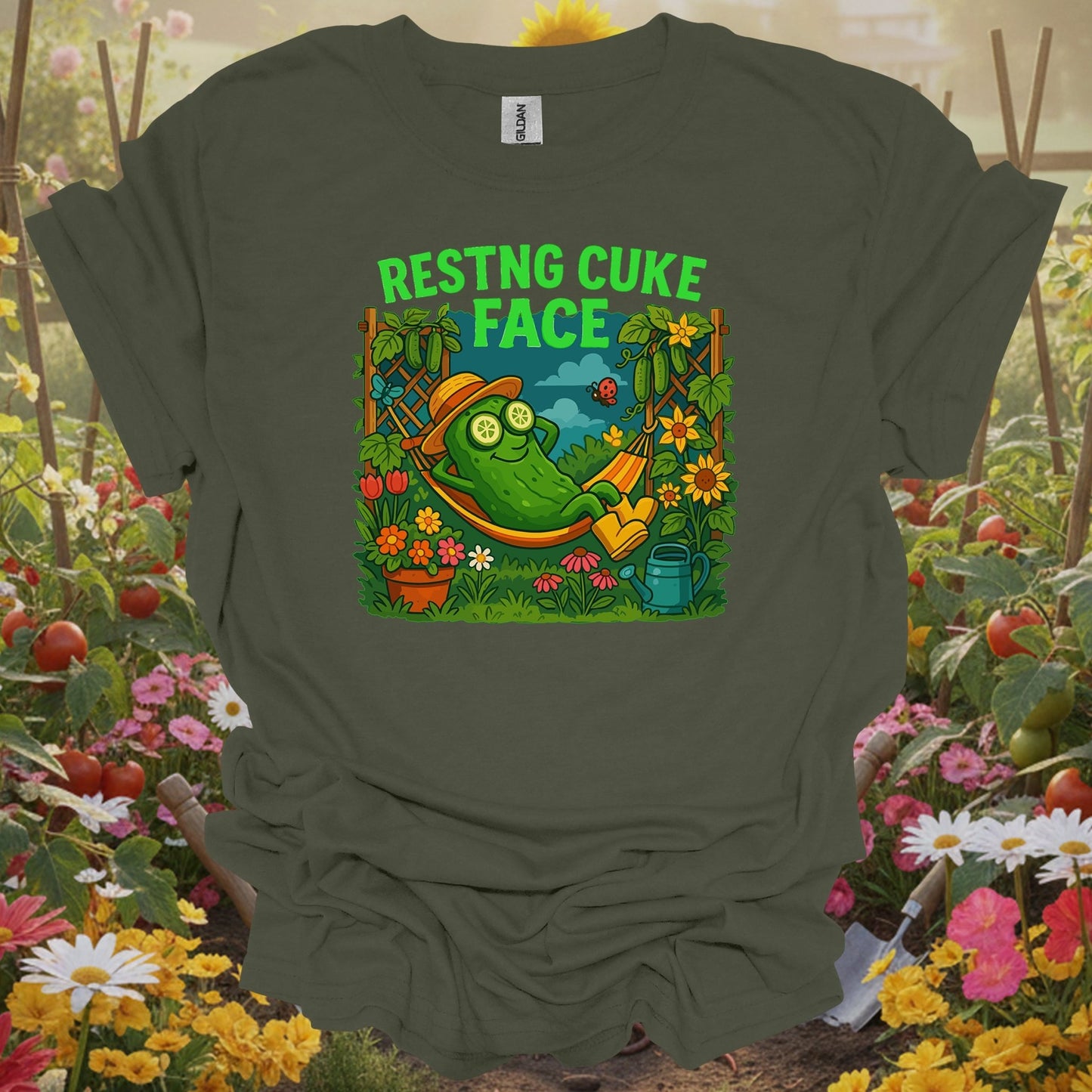 Military Green top showing resting cuke face funny pickle hammock for nature lovers