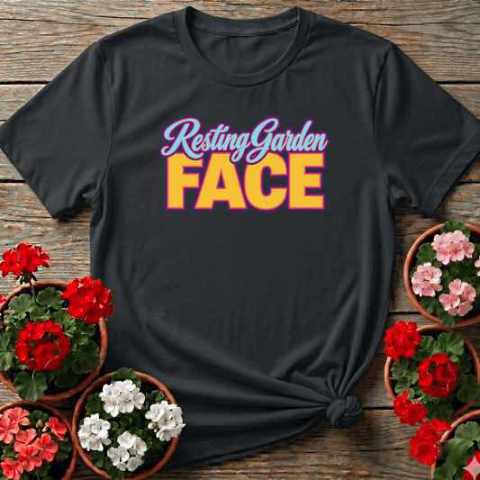 Black retro pop bold script gardening tee with "Resting Garden Face" for plant lovers with humor