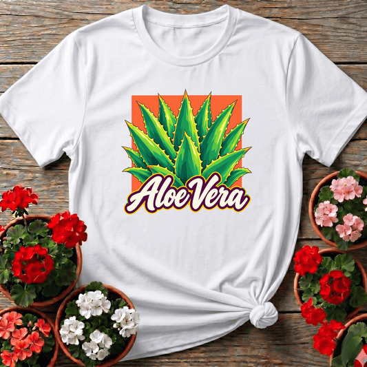 White vintage seventies-style aloe vera gardening shirt for windowsill plant enthusiasts