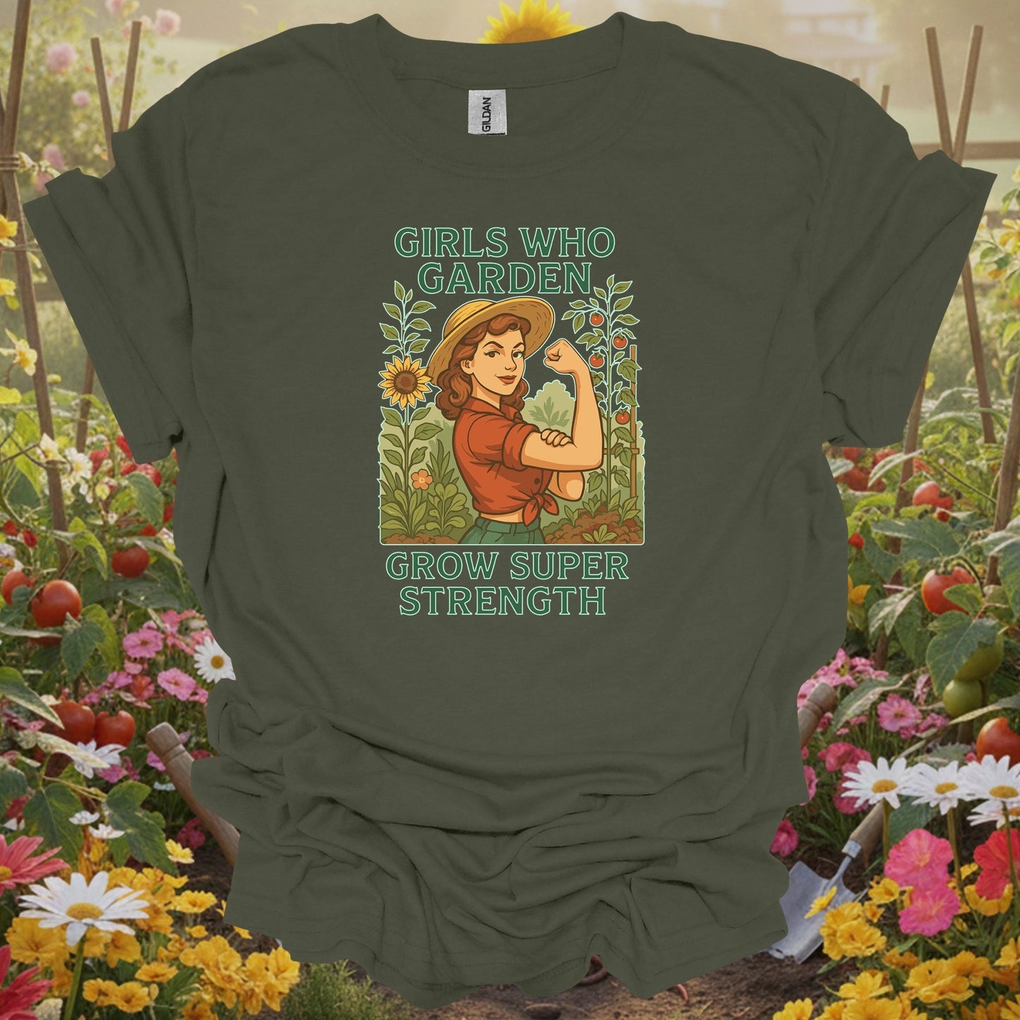 Military green top showing retro pin-up girls who garden super strength for retro-inspired plant parents