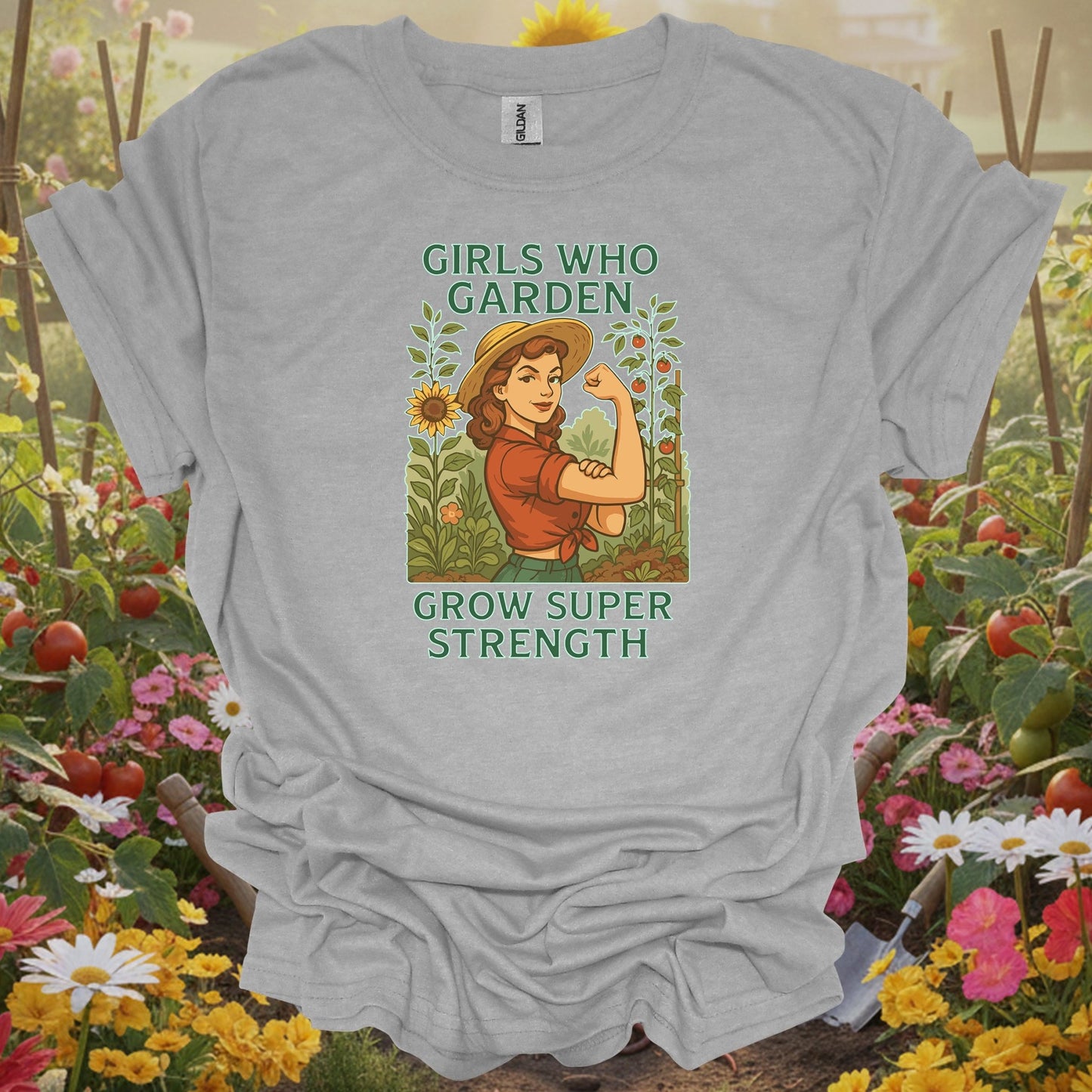Sport gray tshirt showing retro pin-up girls who garden super strength for vintage style fans