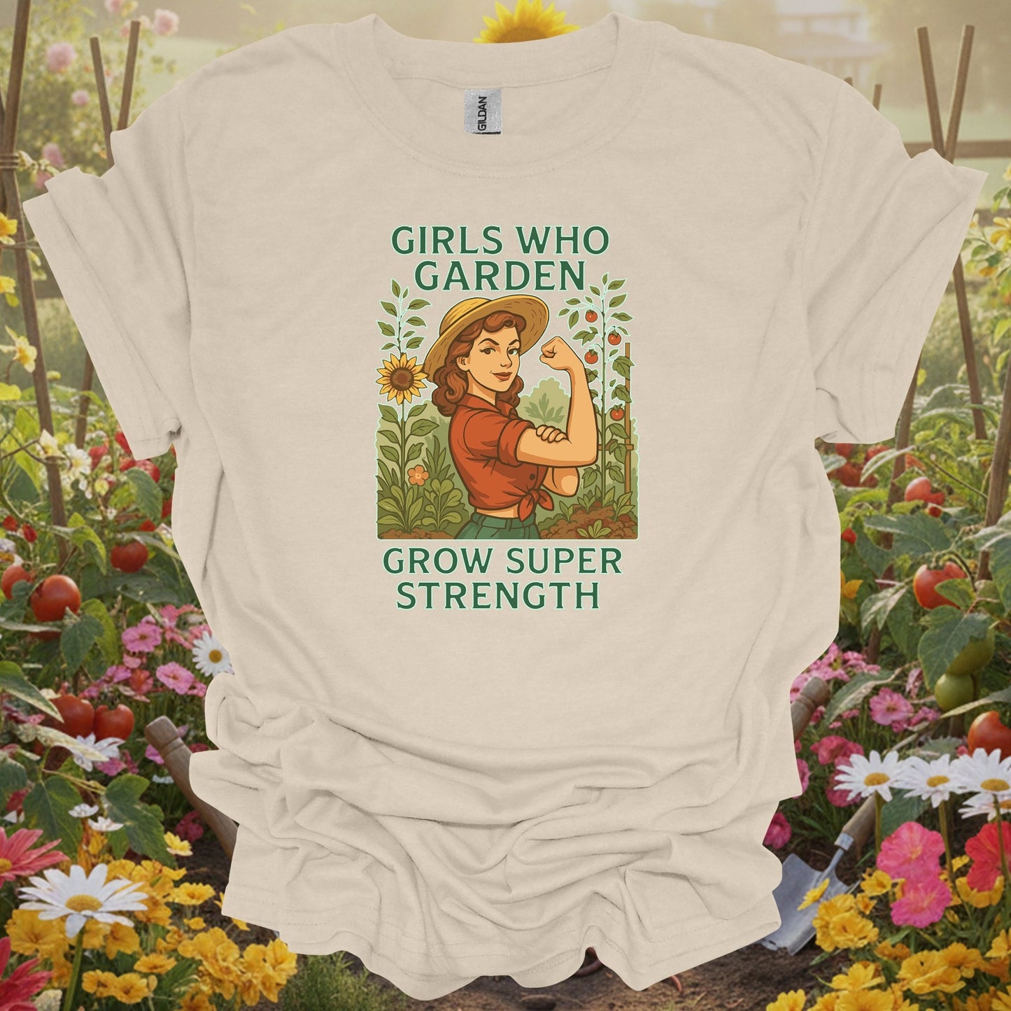 Natural tshirt showing retro pin-up girls who garden super strength for folks with vintage taste