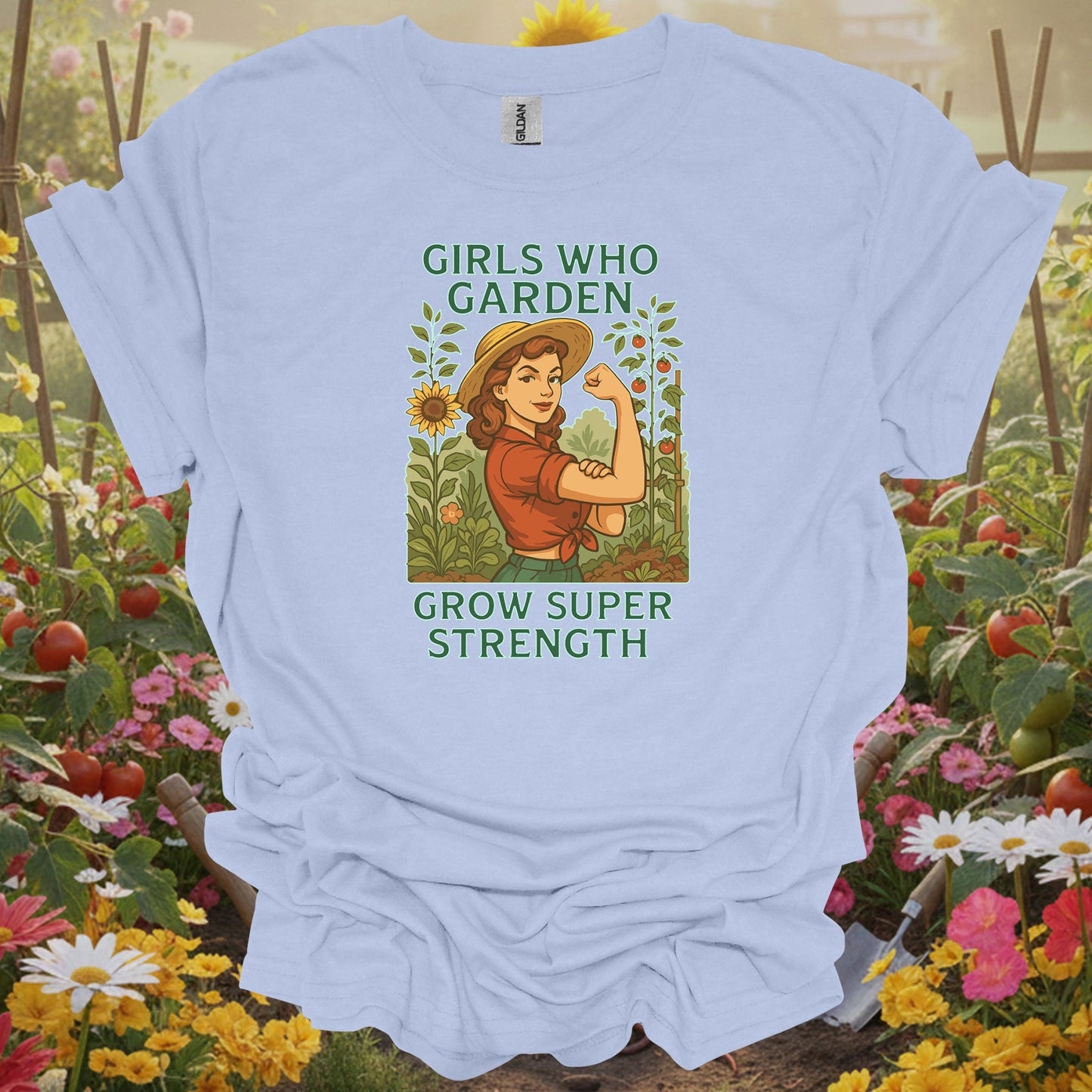Light Blue shirt showing retro pin-up girls who garden super strength for classic garden lovers