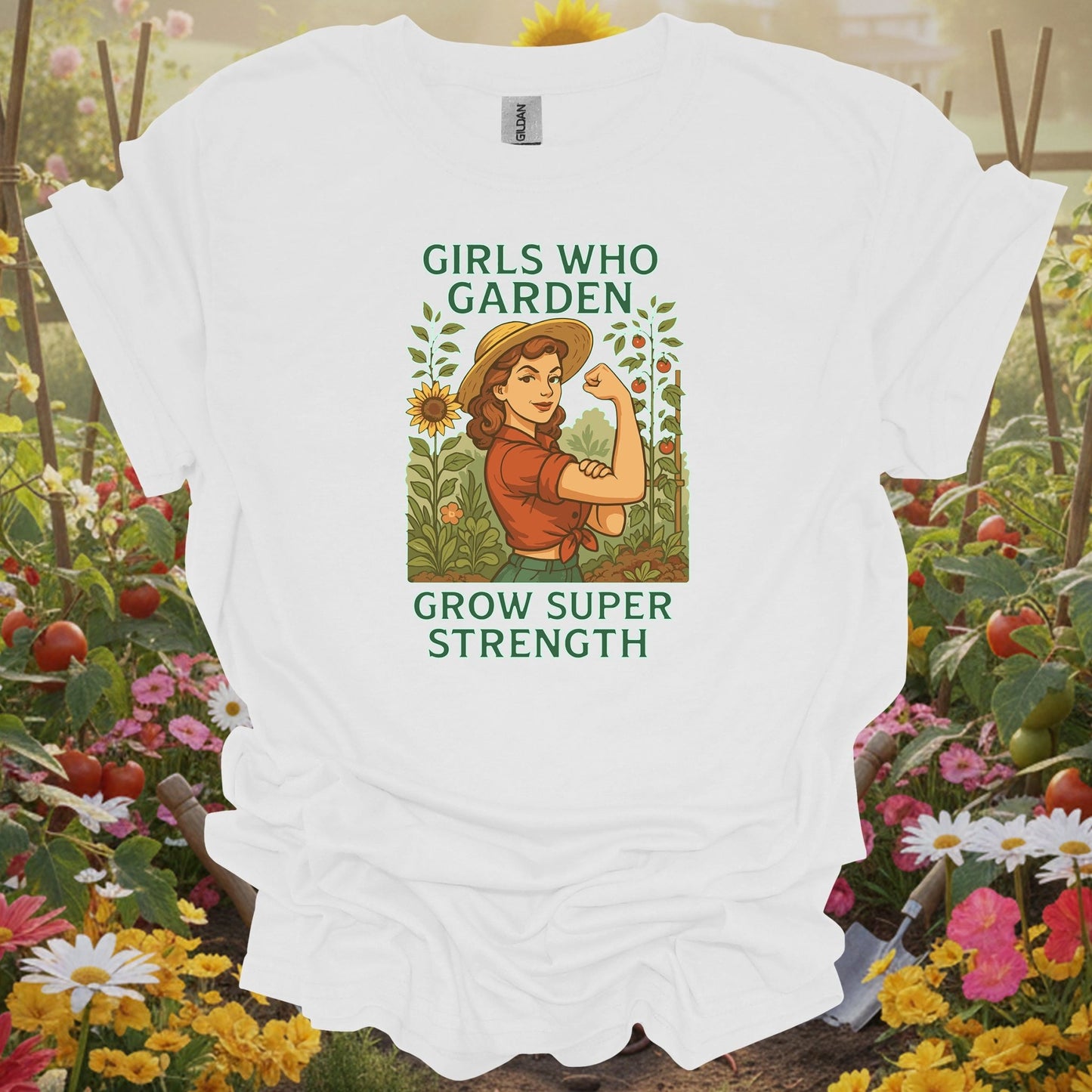 White tee showing retro pin-up girls who garden super strength for traditional growers