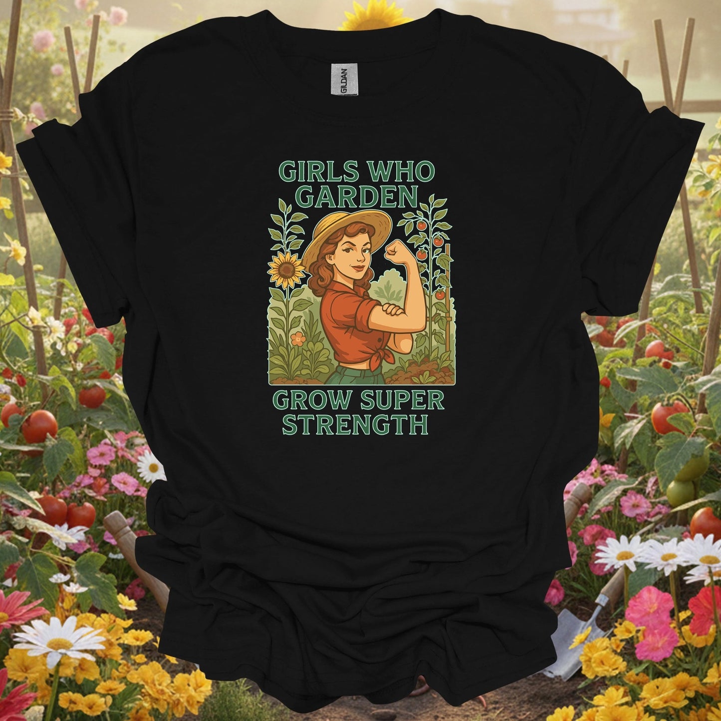 Black shirt showing retro pin-up girls who garden super strength for vintage art collectors