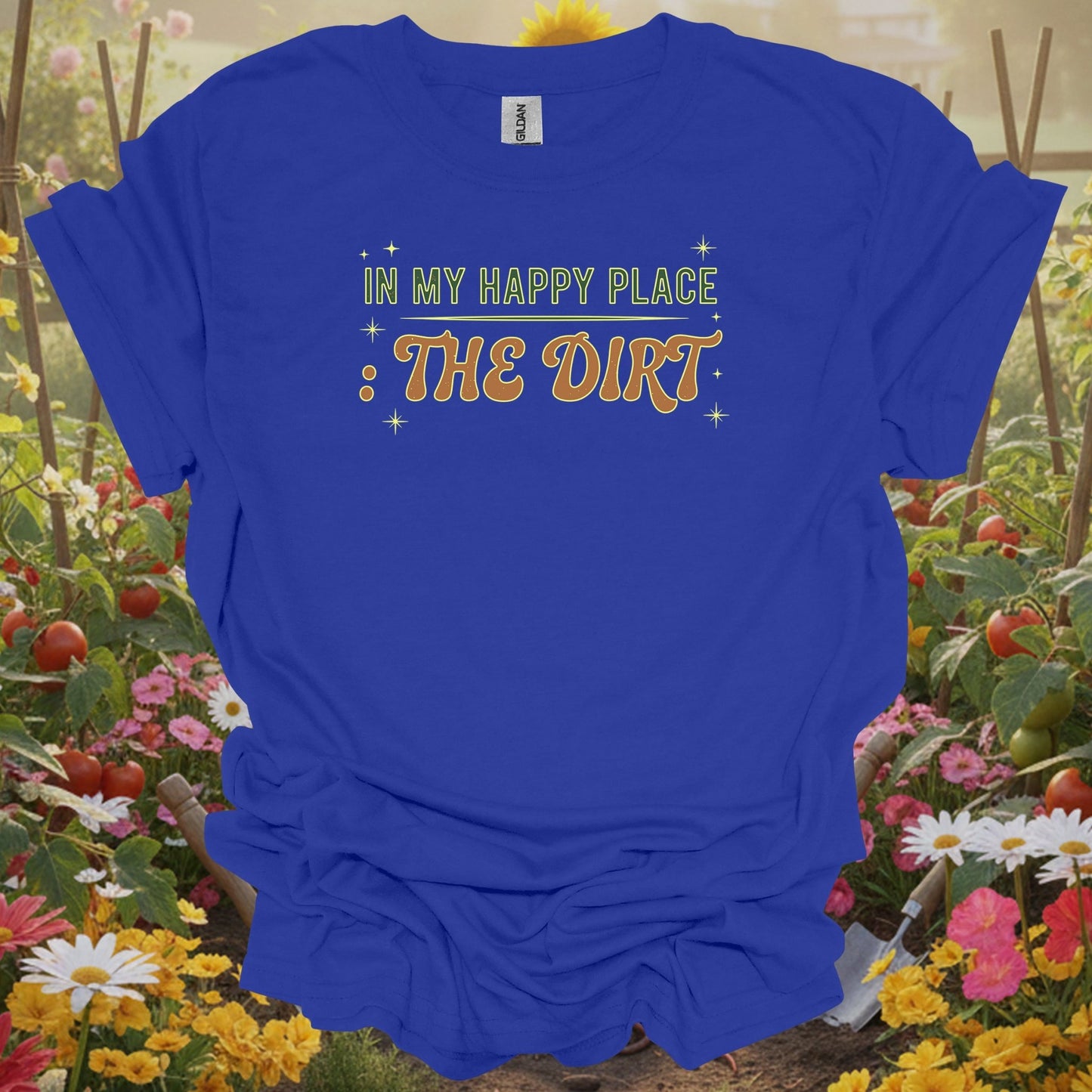 Royal tshirt showing retro in my happy place the dirt style garden for people who love retro aesthetics