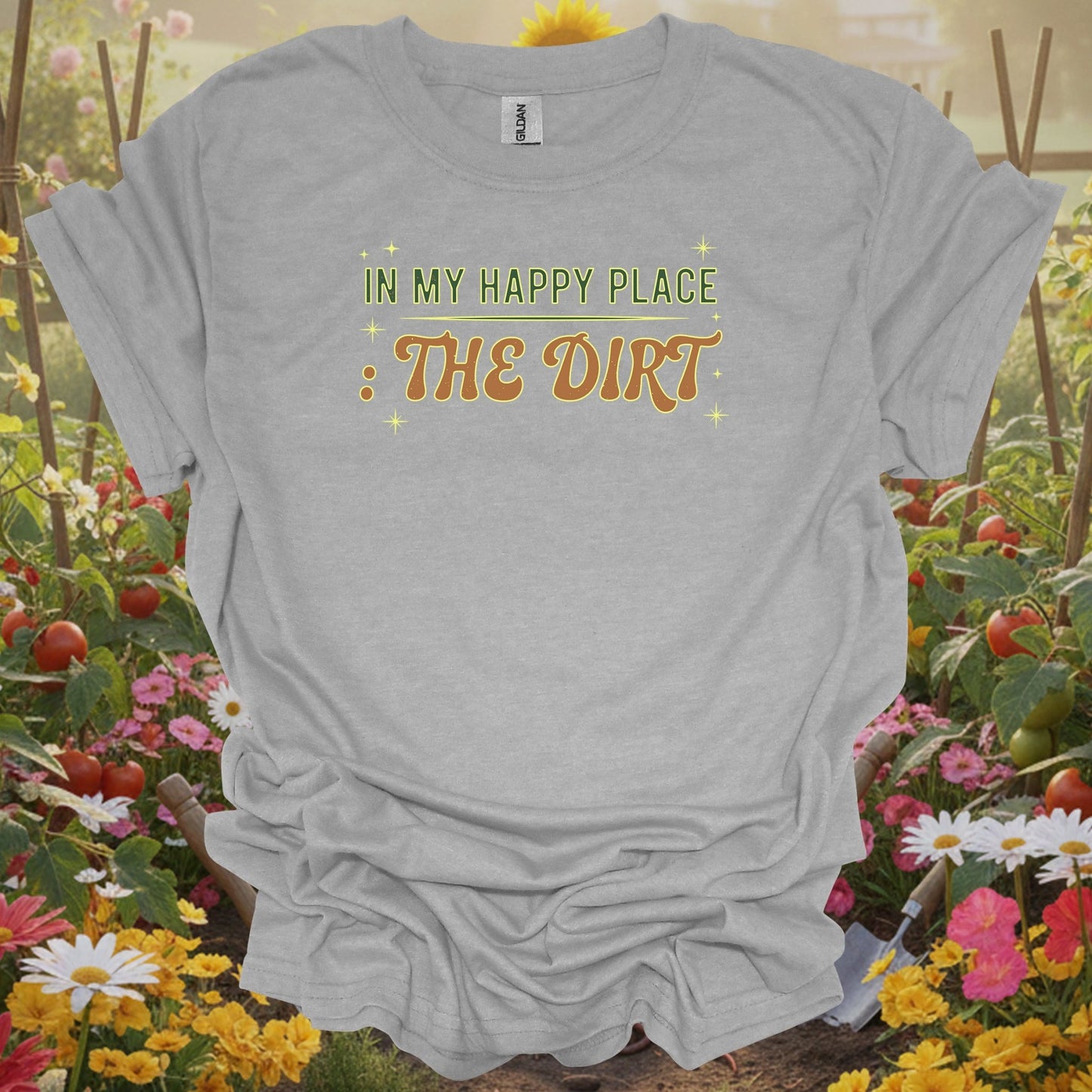 Sport Grey tee showing retro in my happy place the dirt style garden for traditional growers