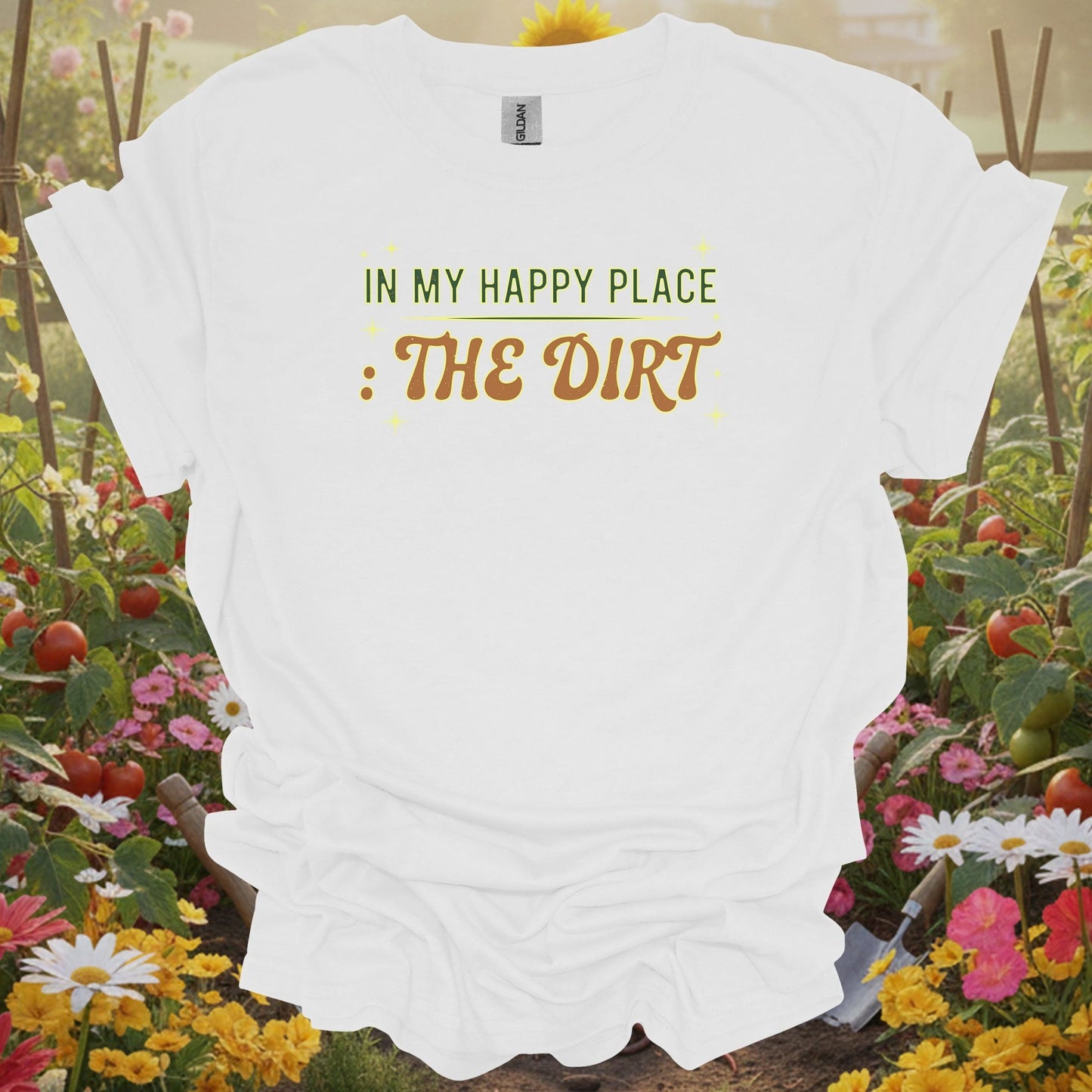 White shirt showing retro in my happy place the dirt style garden for vintage art collectors