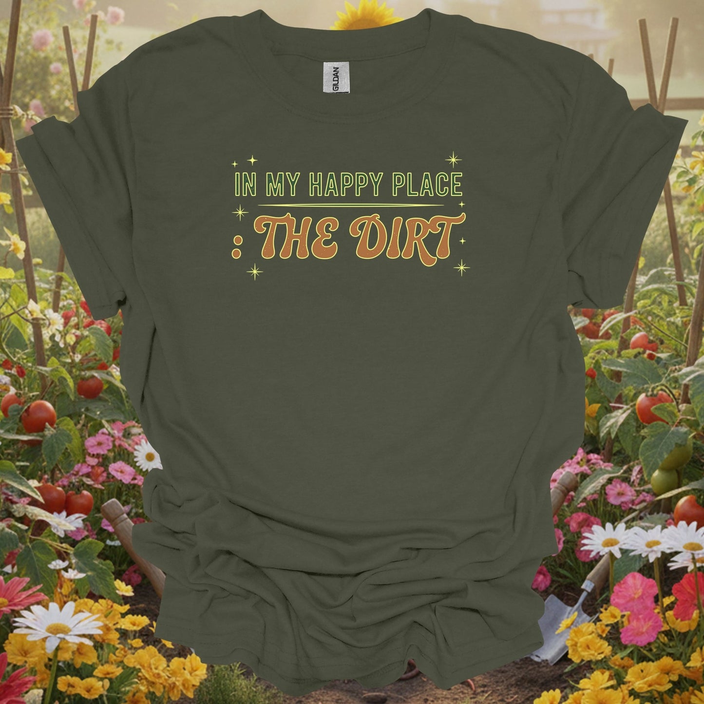 Military Green top showing retro in my happy place the dirt style garden for retro-inspired plant parents