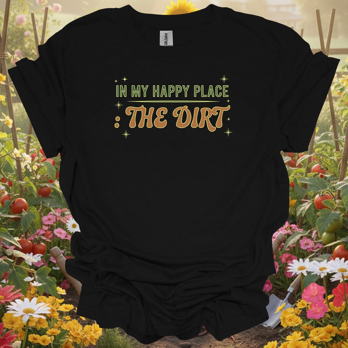 Black tshirt showing retro in my happy place the dirt style garden for vintage style fans