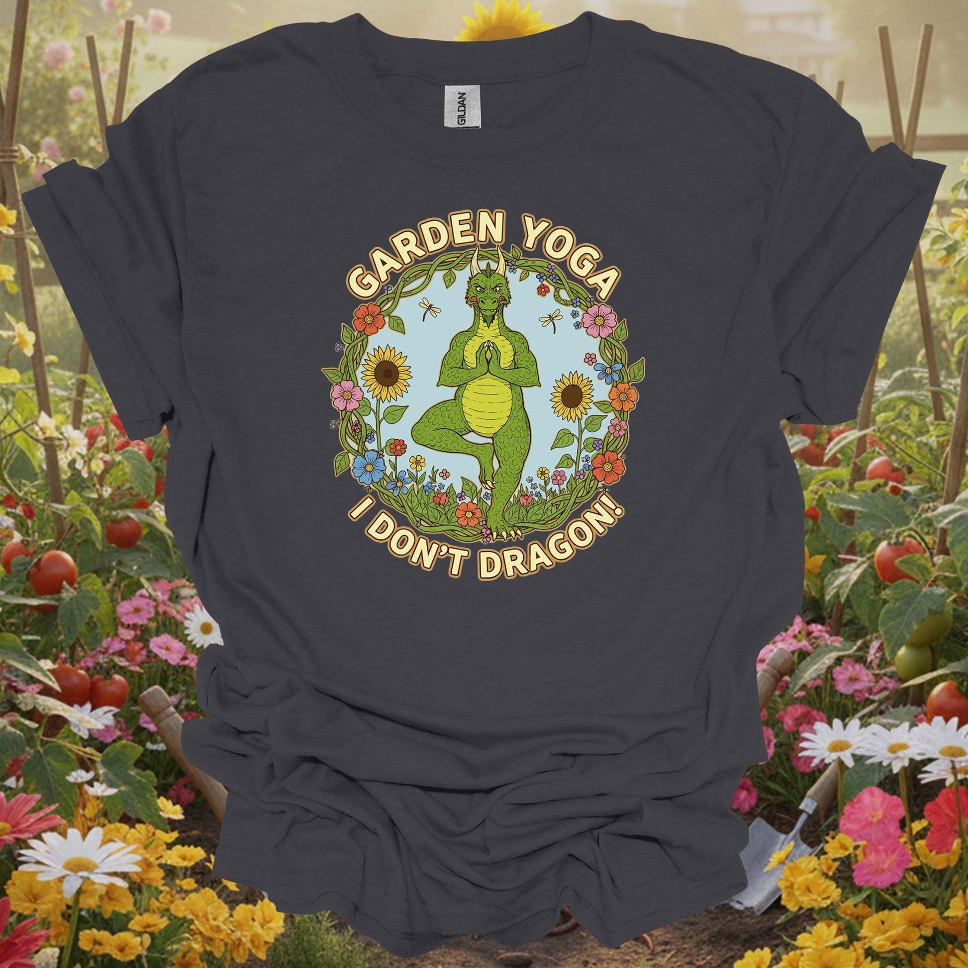 Retro Whimsical Dragon Yoga Graphic Tee - GardeningTshirts