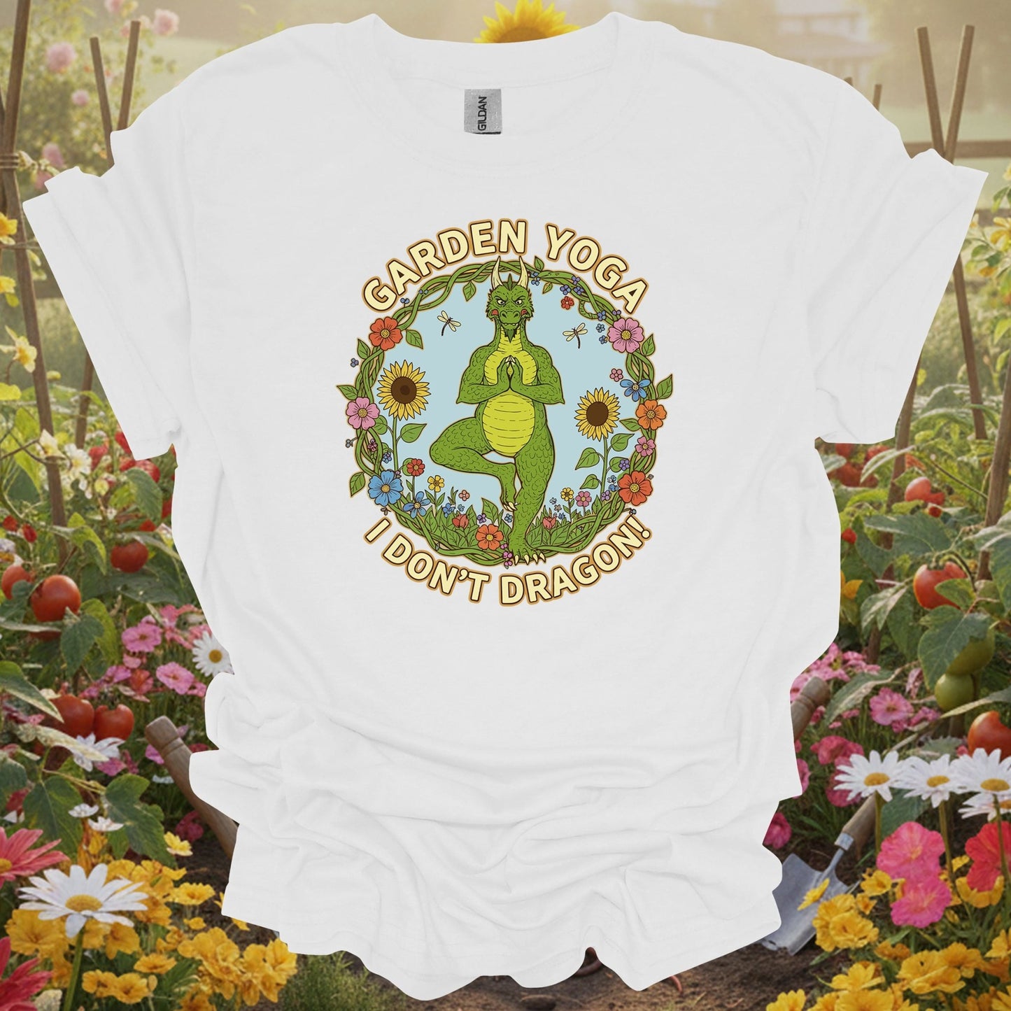 Retro Whimsical Dragon Yoga Graphic Tee - GardeningTshirts