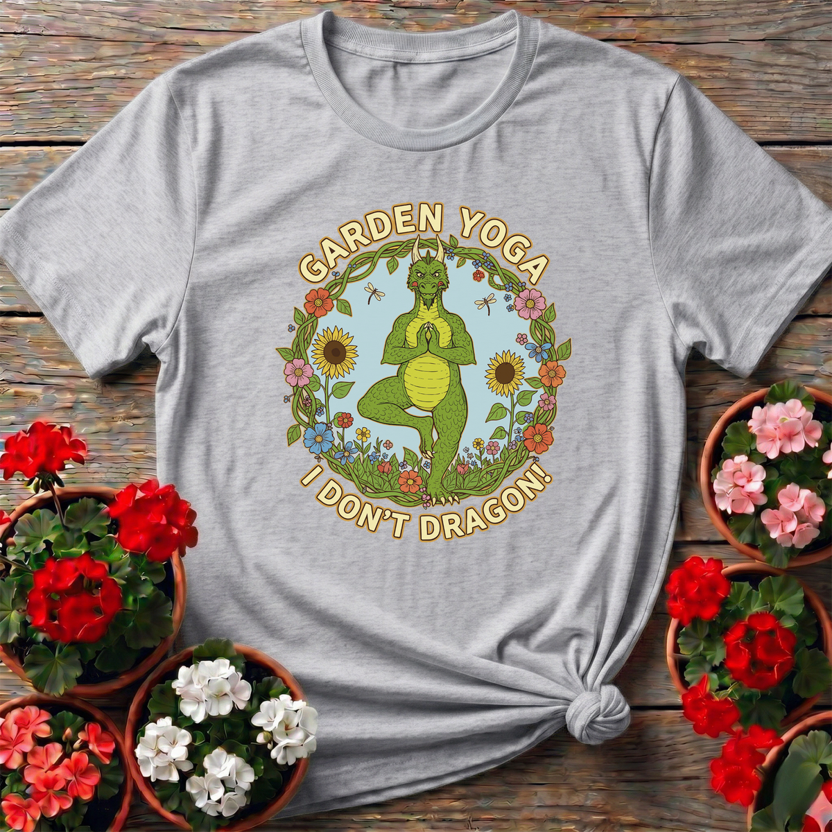 Retro Whimsical Dragon Yoga Botanical Graphic T-Shirt - GardeningTshirts
