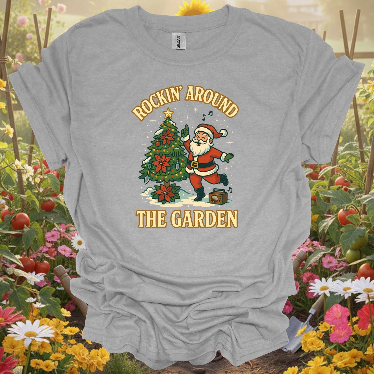"Rockin' Around The Garden" Retro Santa Dancing Holiday Gardener Tee - GardeningTshirts