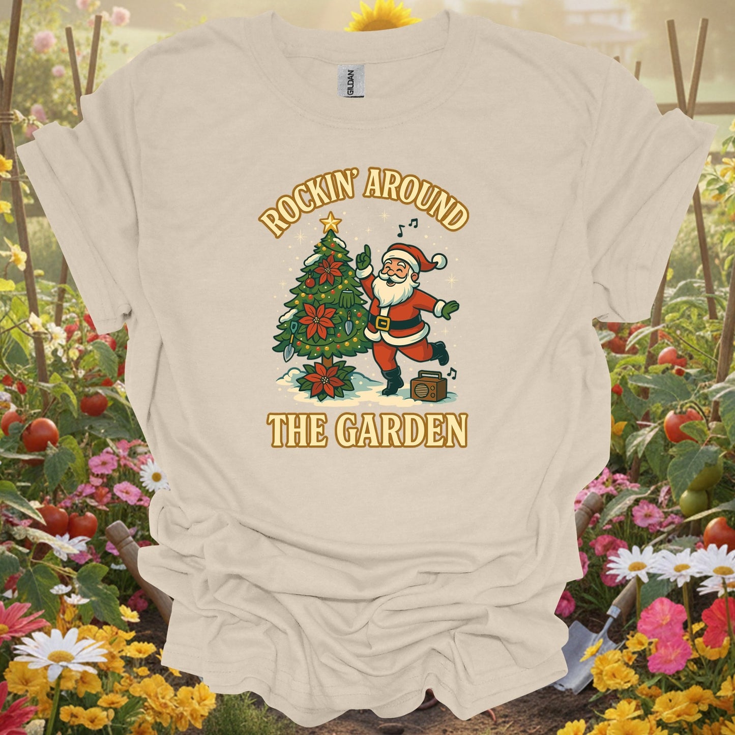 "Rockin' Around The Garden" Retro Santa Dancing Holiday Gardener Tee - GardeningTshirts