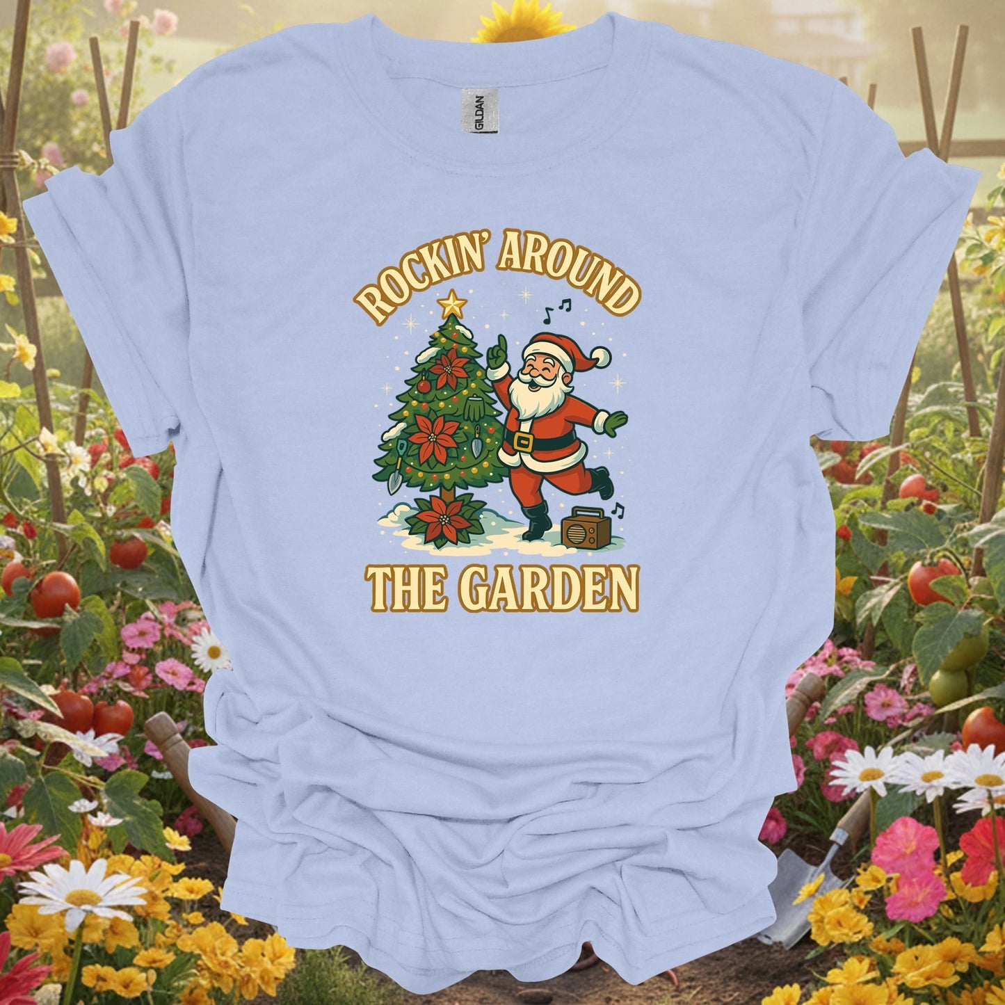 "Rockin' Around The Garden" Retro Santa Dancing Holiday Gardener Tee - GardeningTshirts