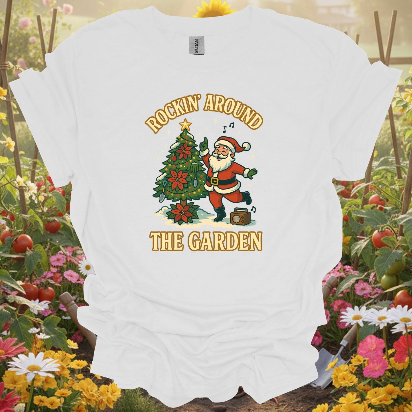 "Rockin' Around The Garden" Retro Santa Dancing Holiday Gardener Tee - GardeningTshirts