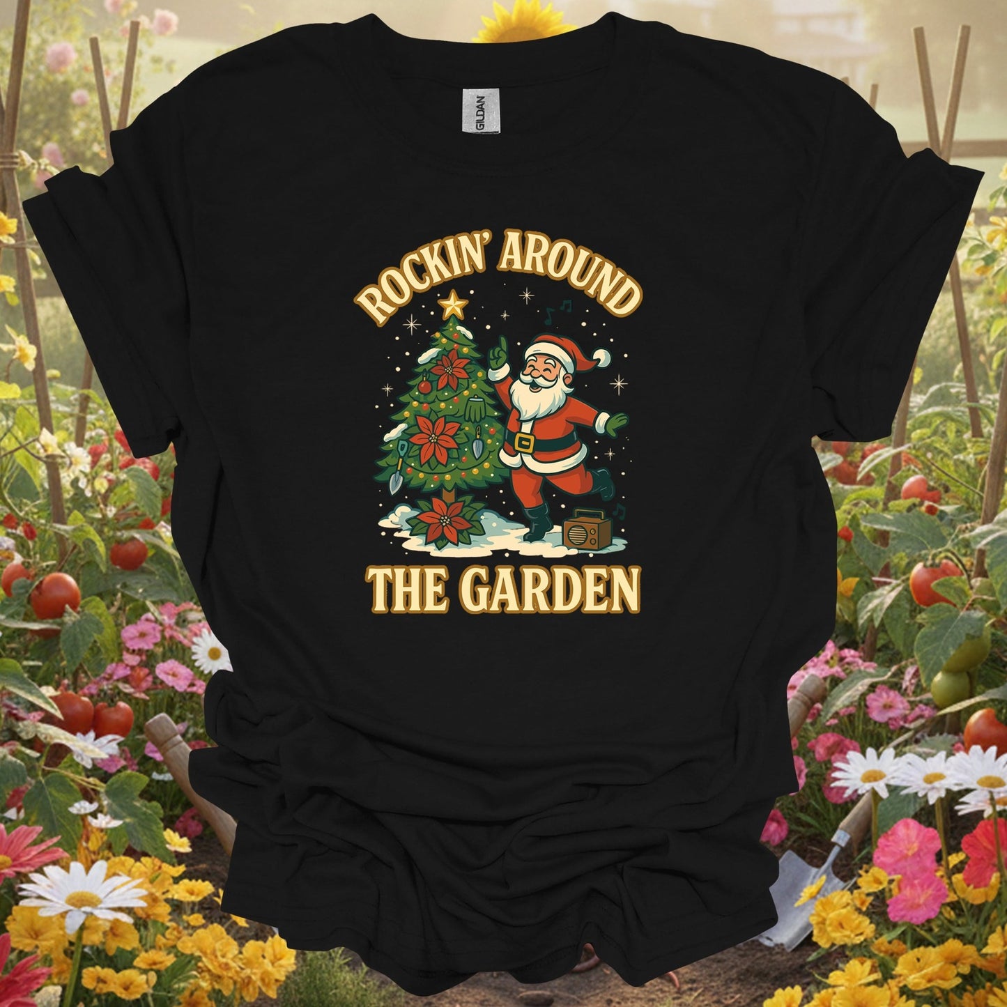 "Rockin' Around The Garden" Retro Santa Dancing Holiday Gardener Tee - GardeningTshirts