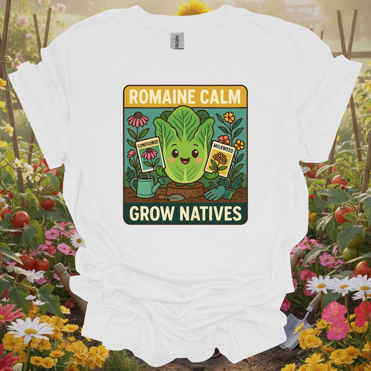 White tee showing romaine calm grow natives happy pun for garden hobbyists
