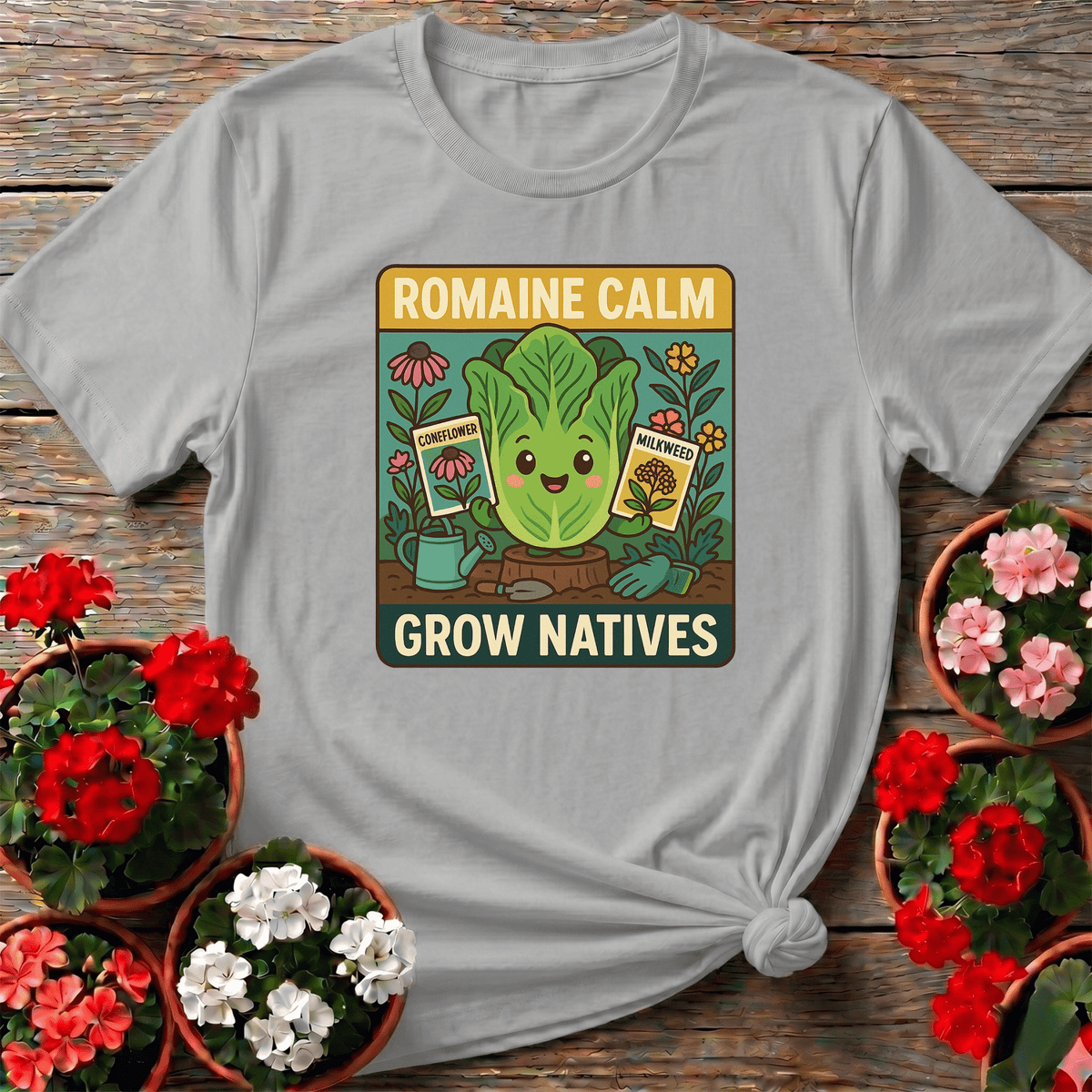 Romaine Calm Grow Natives Happy Pun T-shirt - GardeningTshirts