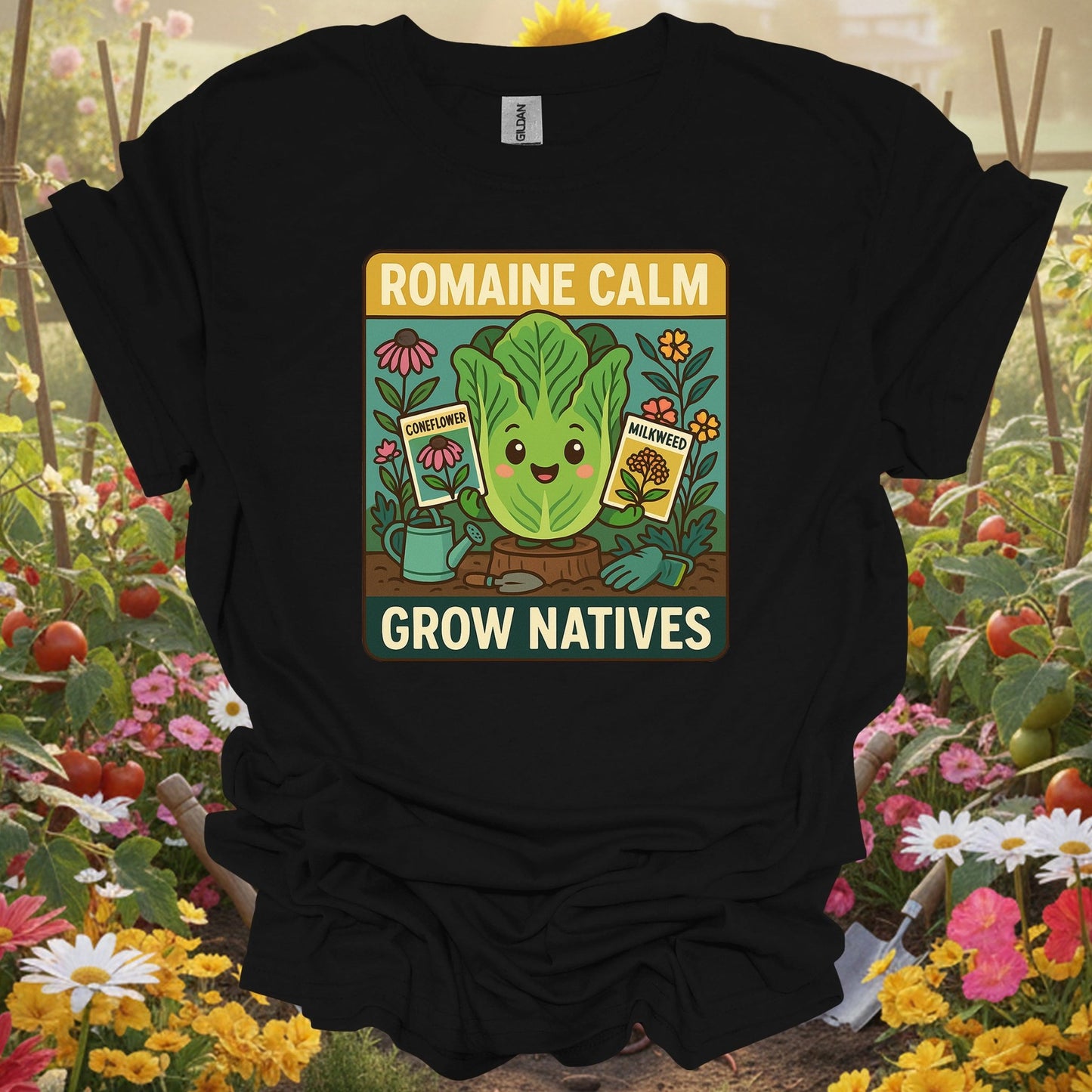 Black shirt showing romaine calm grow natives happy pun for outdoor enthusiasts