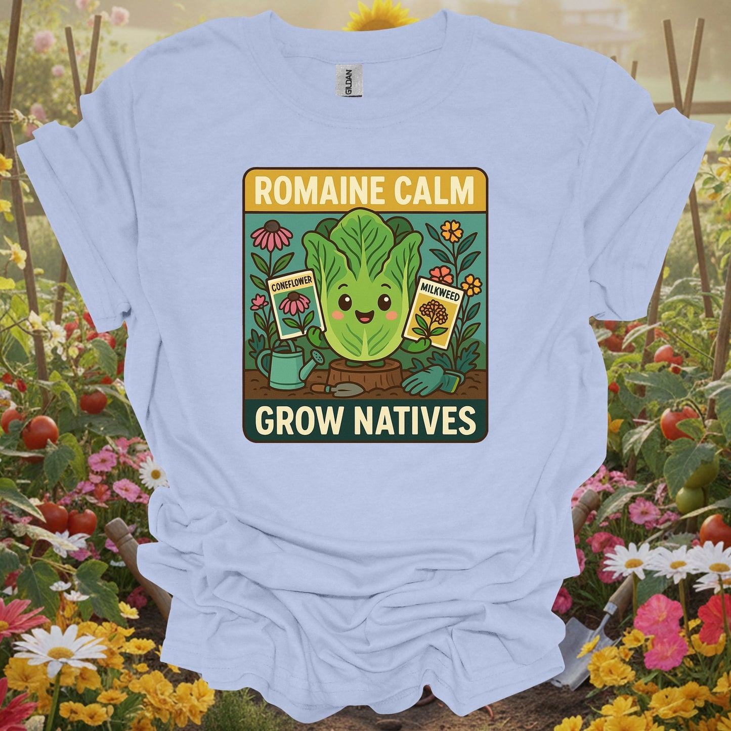 Light Blue tee showing romaine calm grow natives happy pun for plant lovers