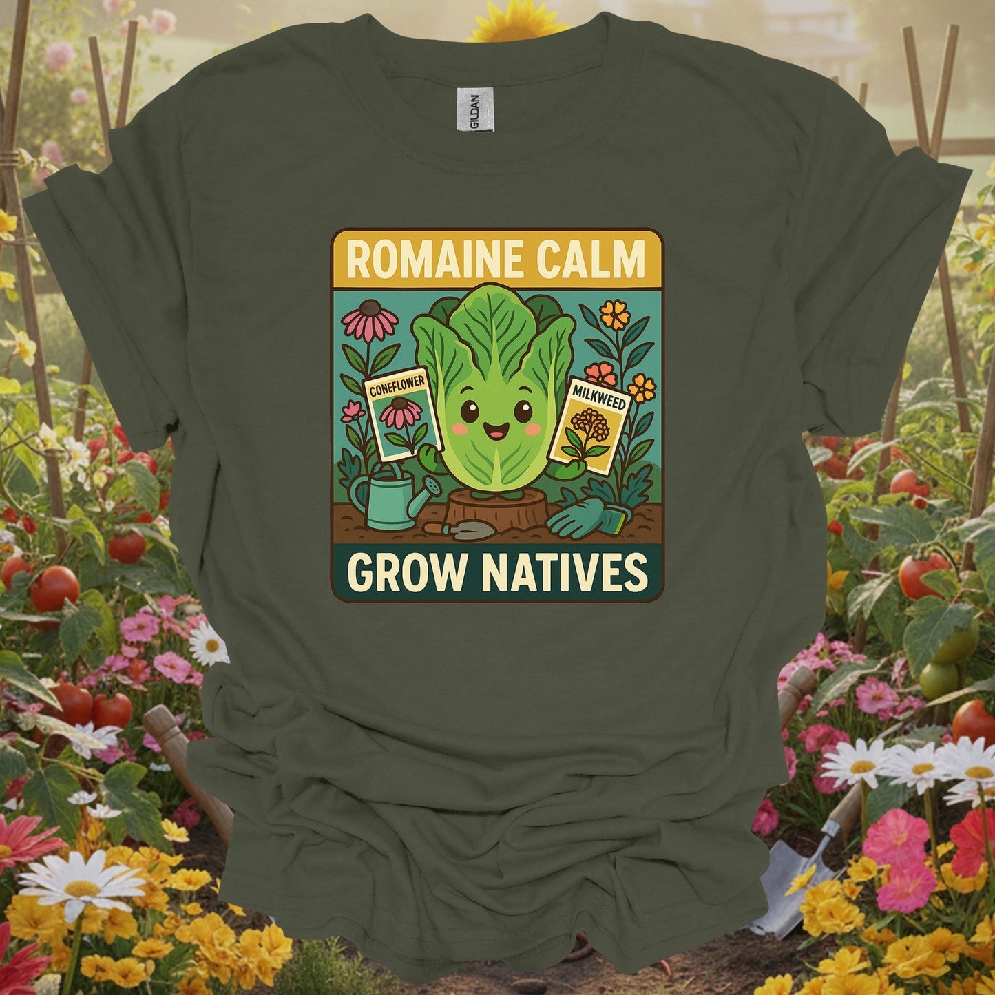 Military Green top showing romaine calm grow natives happy pun for nature lovers