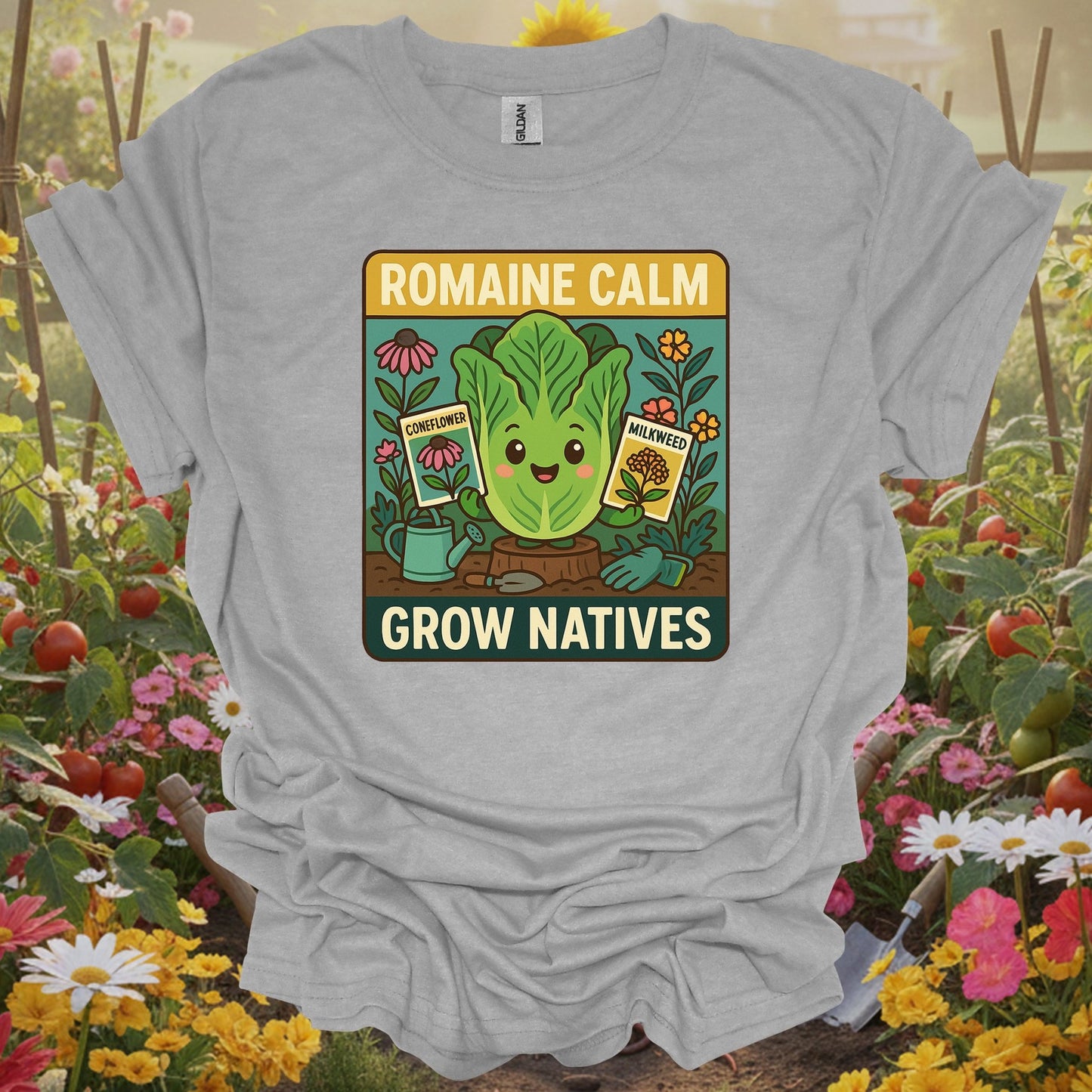 Sport Grey tshirt showing romaine calm grow natives happy pun for backyard growers