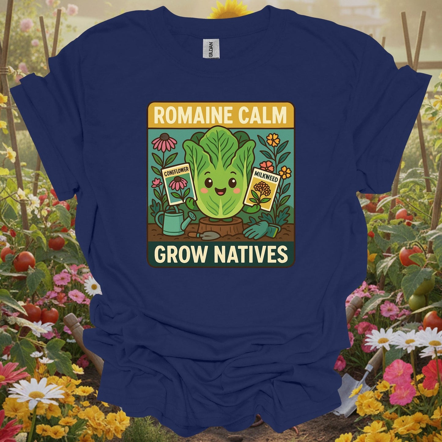 Navy shirt showing romaine calm grow natives happy pun for home gardeners