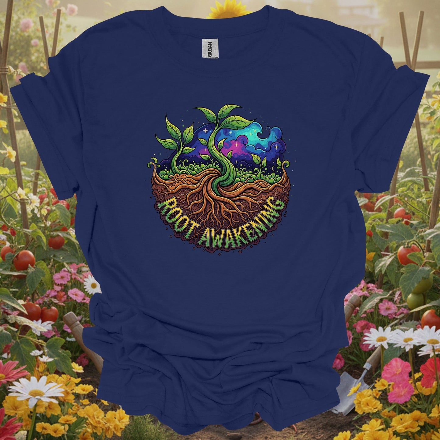 Navy shirt showing root awakening retro psychedelic earth roots for home gardeners