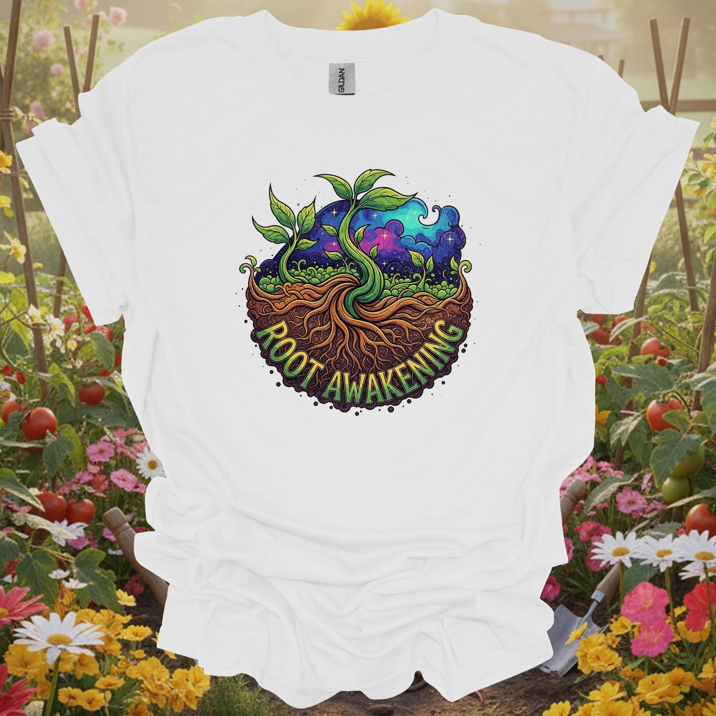White tee showing root awakening retro psychedelic earth roots for garden hobbyists