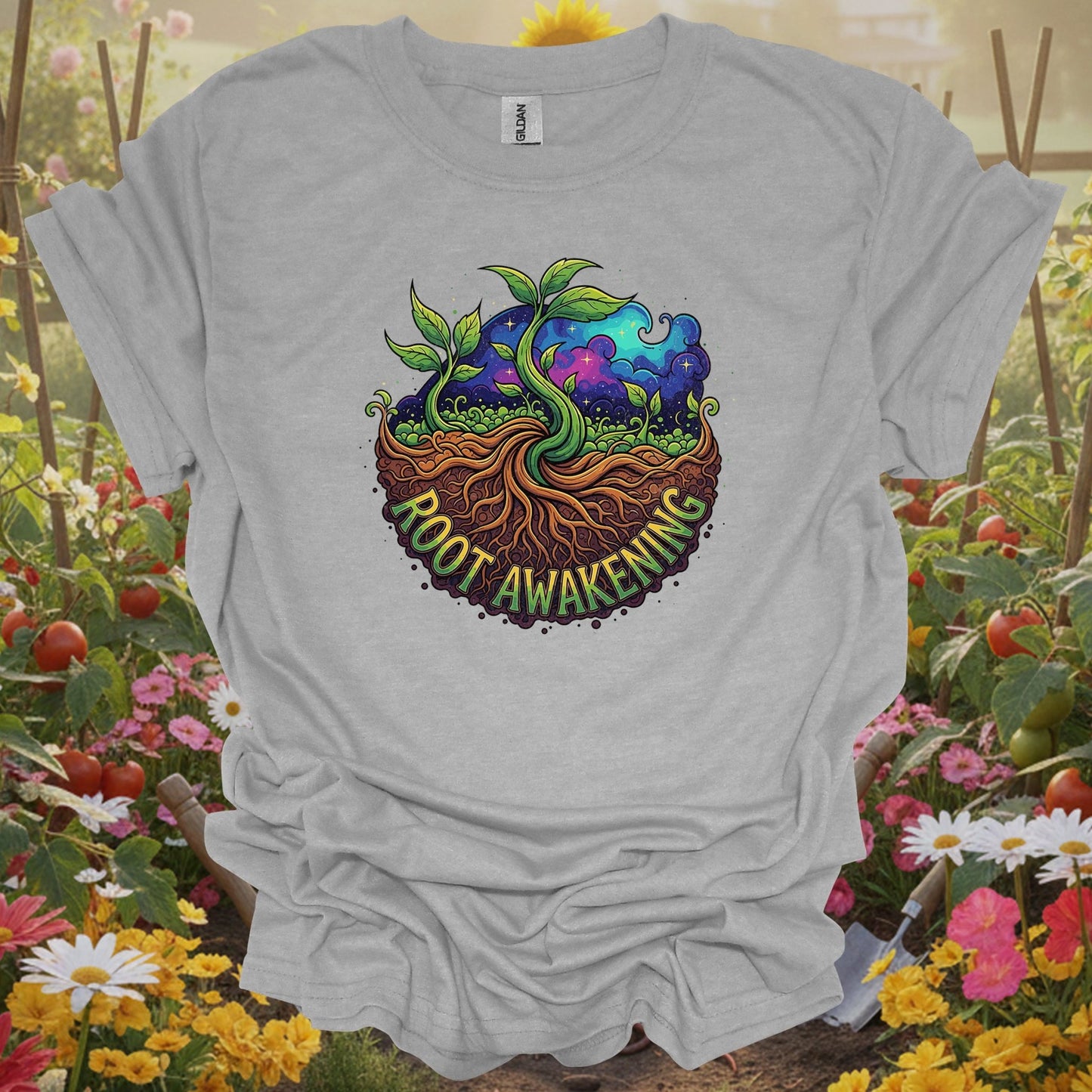 Sport Grey tshirt showing root awakening retro psychedelic earth roots for backyard growers