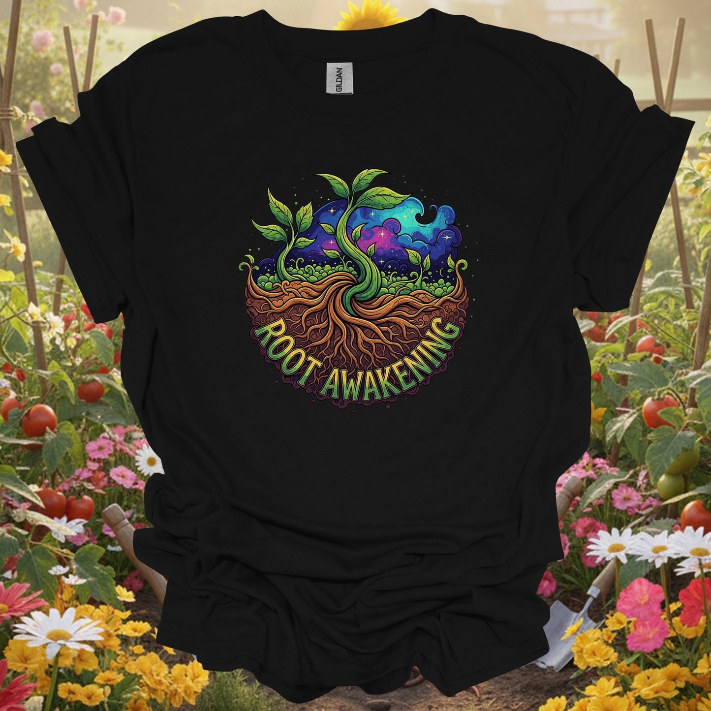 Black shirt showing root awakening retro psychedelic earth roots for outdoor enthusiasts