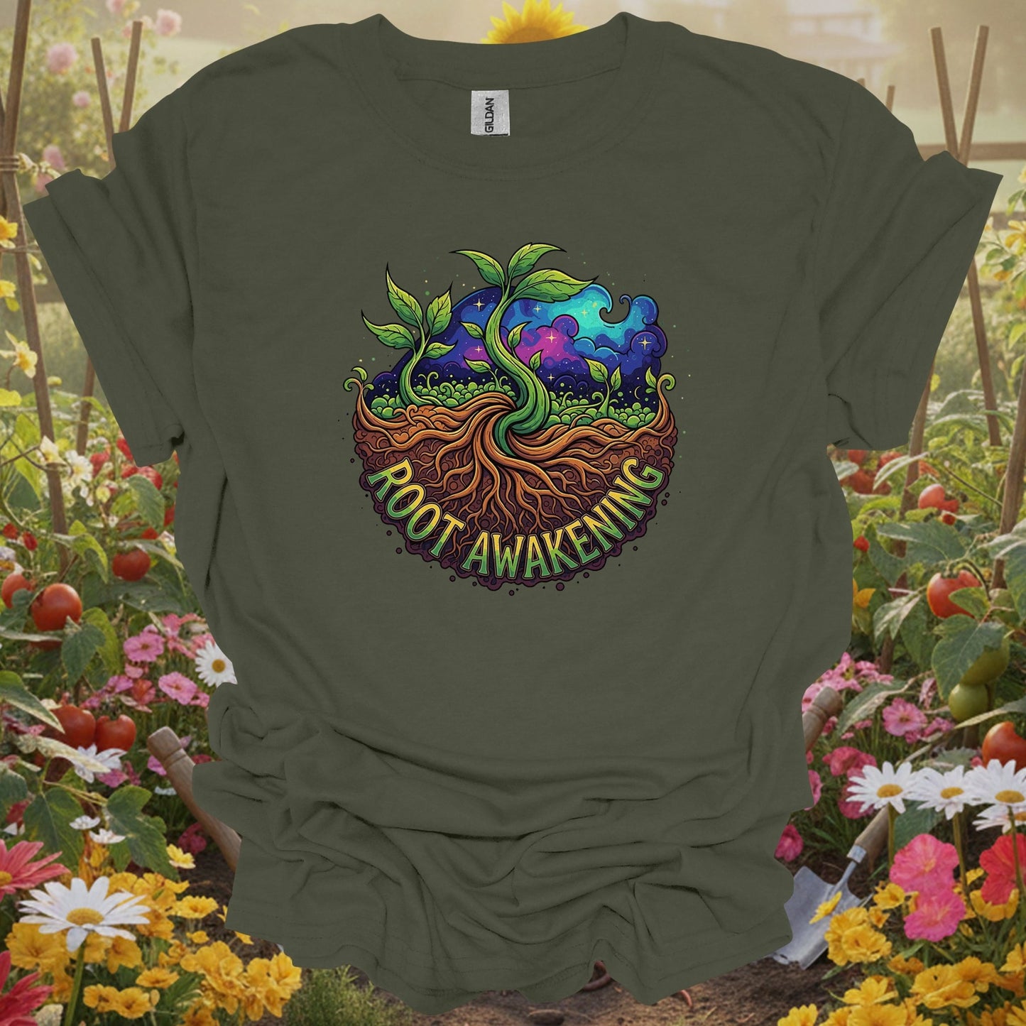 Military Green top showing root awakening retro psychedelic earth roots for nature lovers