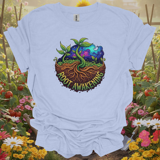 Light Blue tee showing root awakening retro psychedelic earth roots for plant lovers