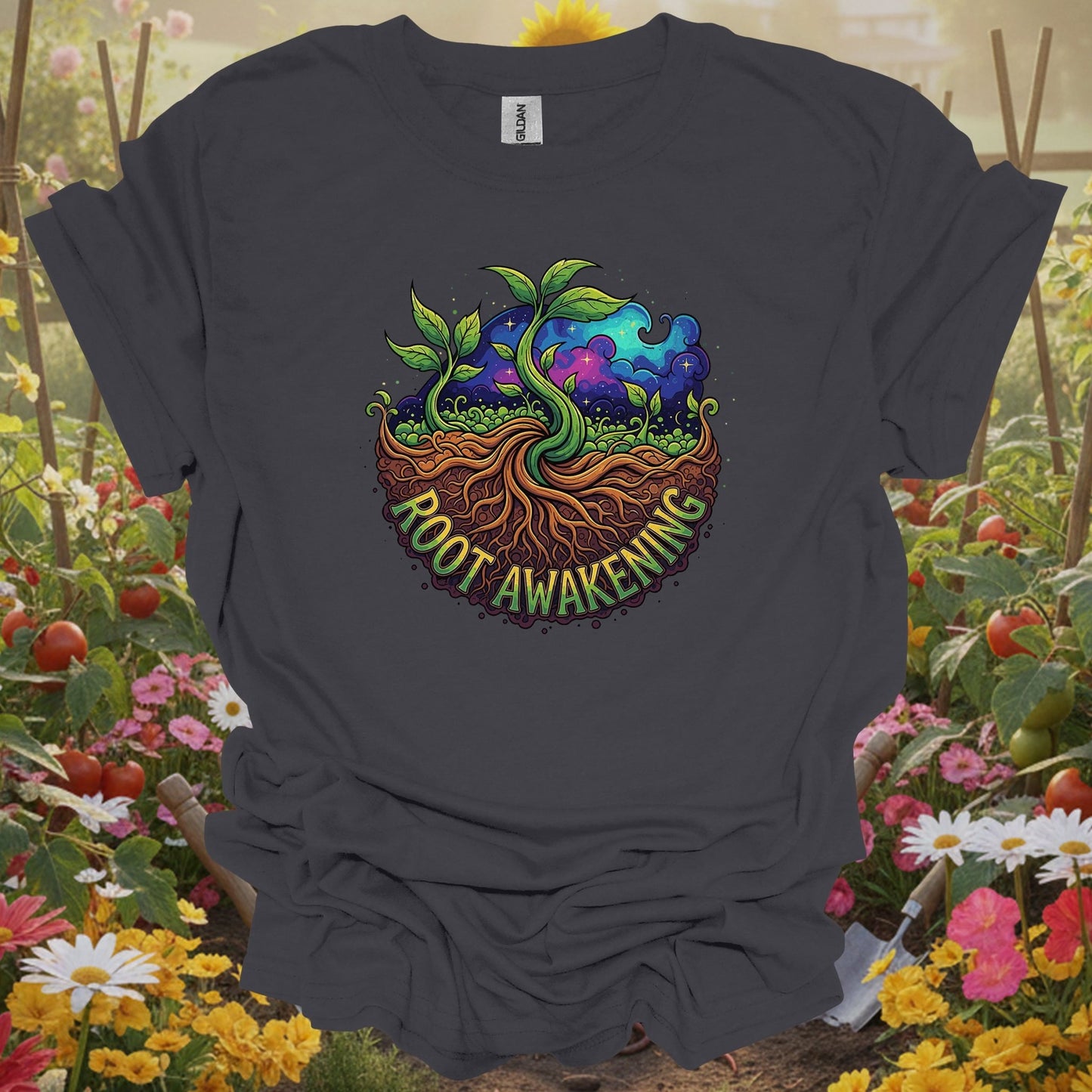 Charcoal tshirt showing root awakening retro psychedelic earth roots for gardening enthusiasts