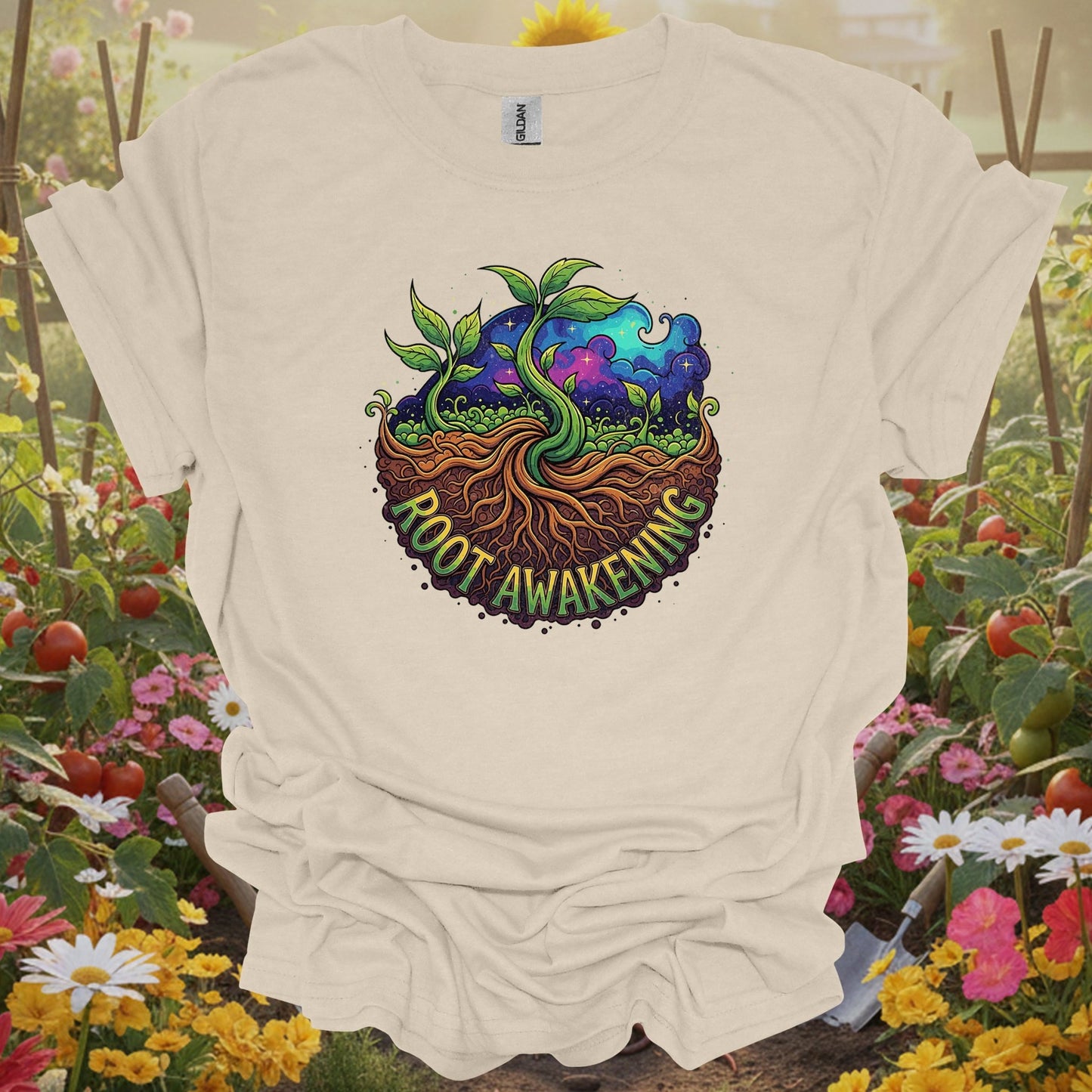 Natural tshirt showing root awakening retro psychedelic earth roots for people who love plants