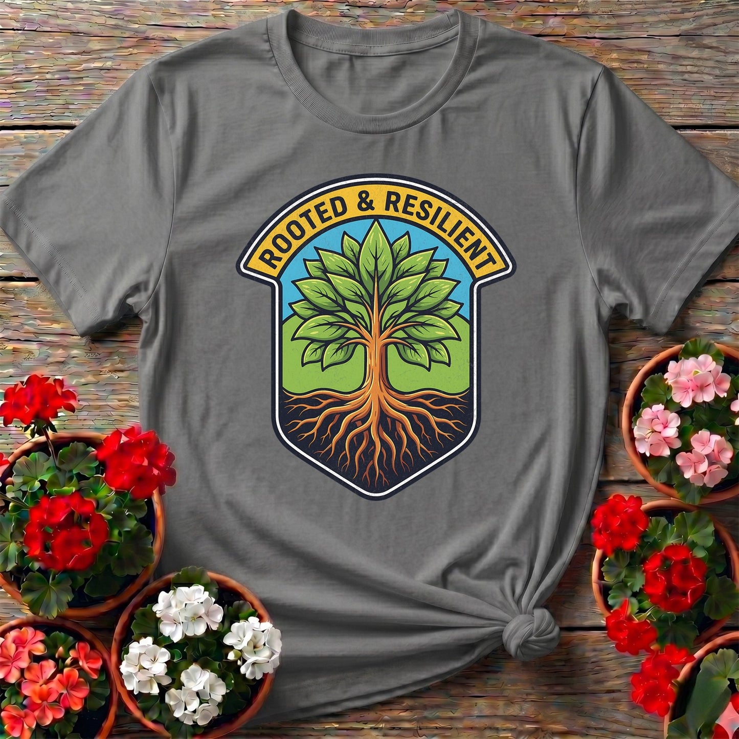 Rooted and Resilient Strong Tree Badge Tee - GardeningTshirts