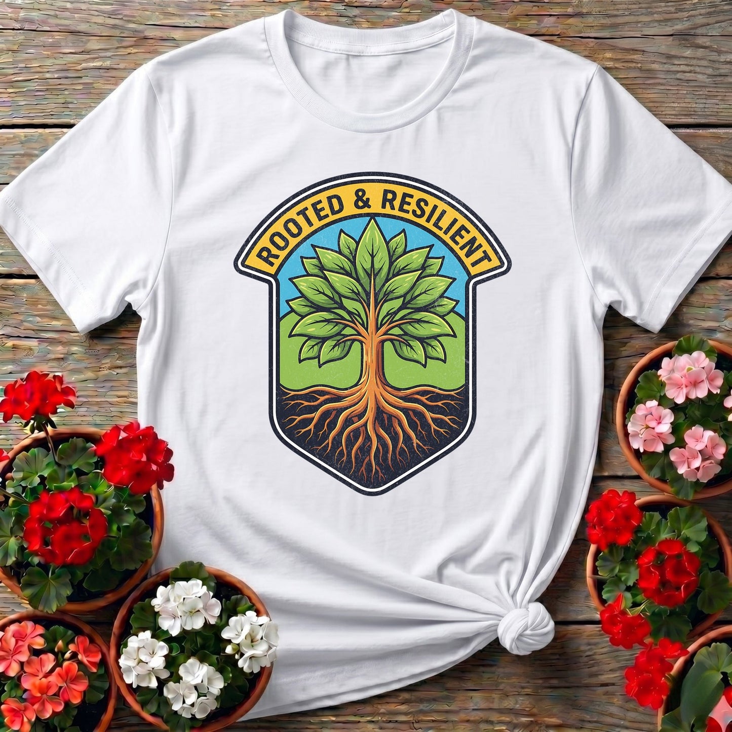 Rooted and Resilient Strong Tree Badge Tee - GardeningTshirts