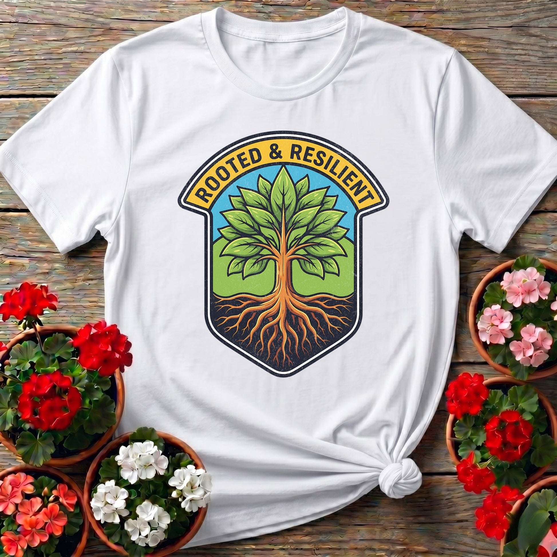 Rooted and Resilient Strong Tree Badge Tee - GardeningTshirts