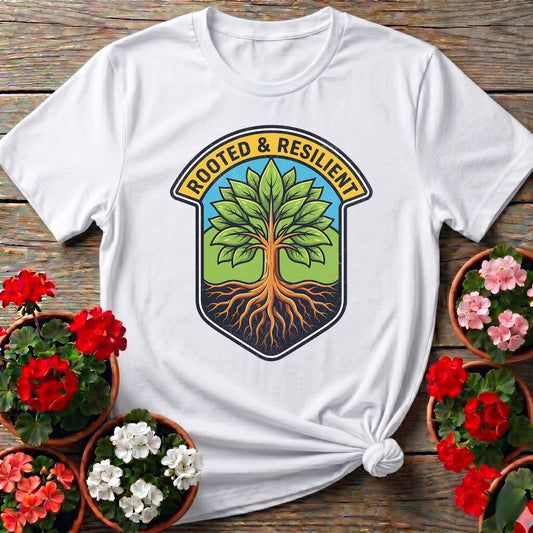 Rooted and Resilient Strong Tree Badge Tee - GardeningTshirts