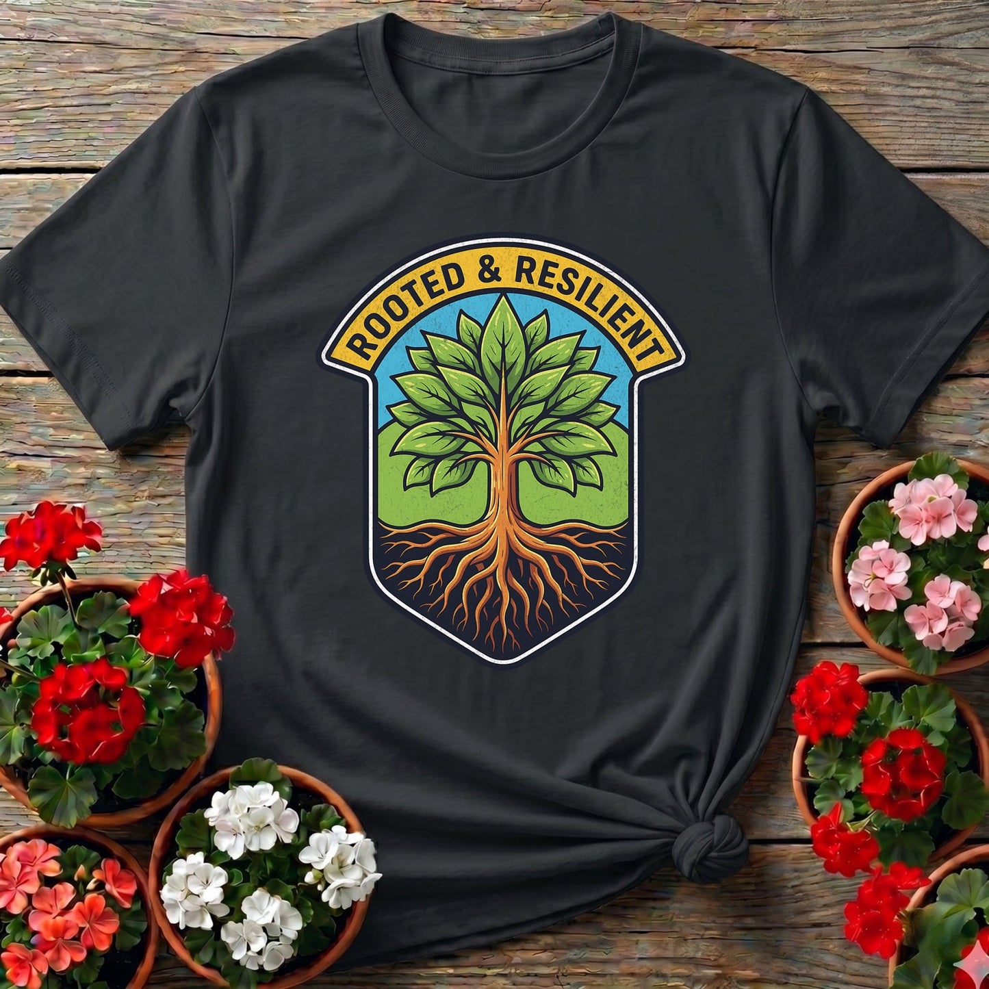 Rooted and Resilient Strong Tree Badge Tee - GardeningTshirts