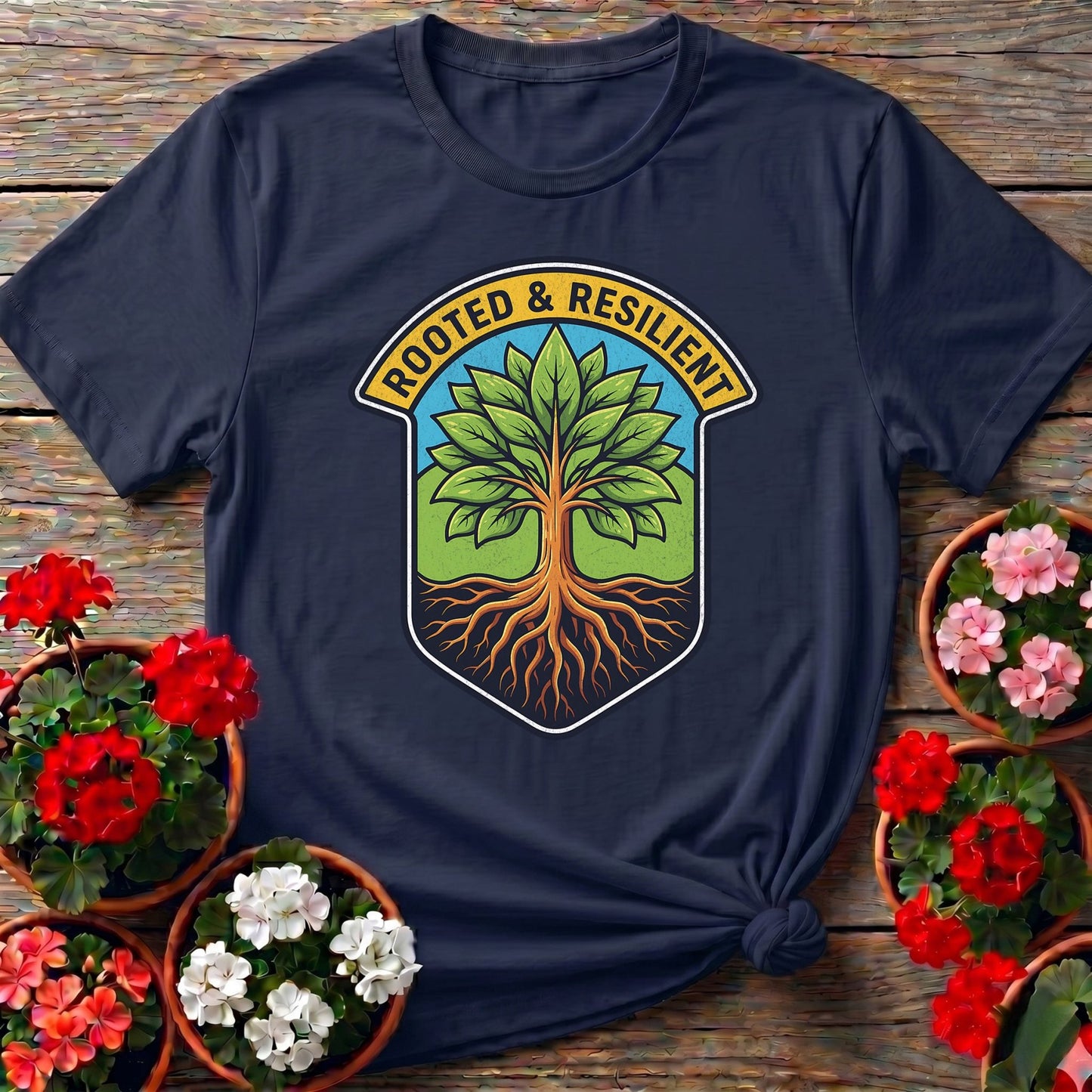 Rooted and Resilient Strong Tree Badge Tee - GardeningTshirts