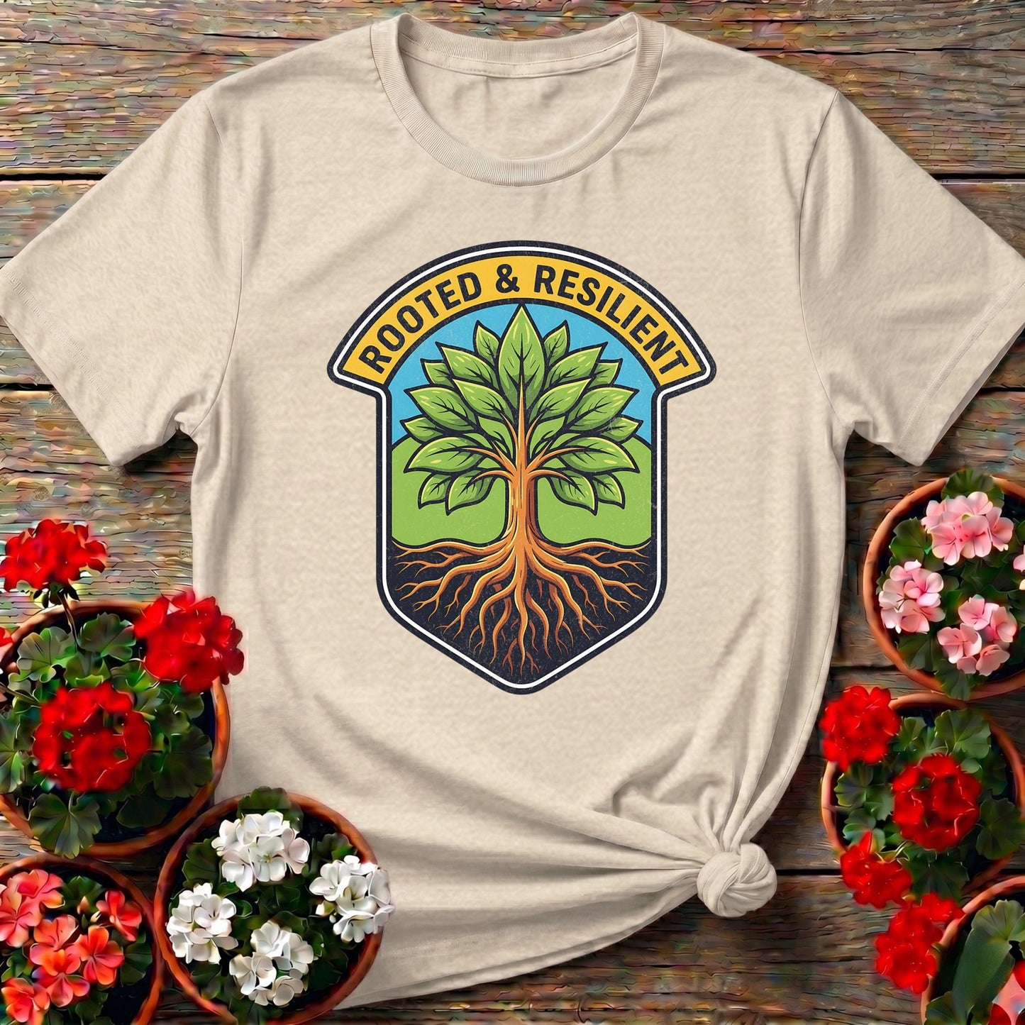 Rooted and Resilient Strong Tree Badge Tee - GardeningTshirts