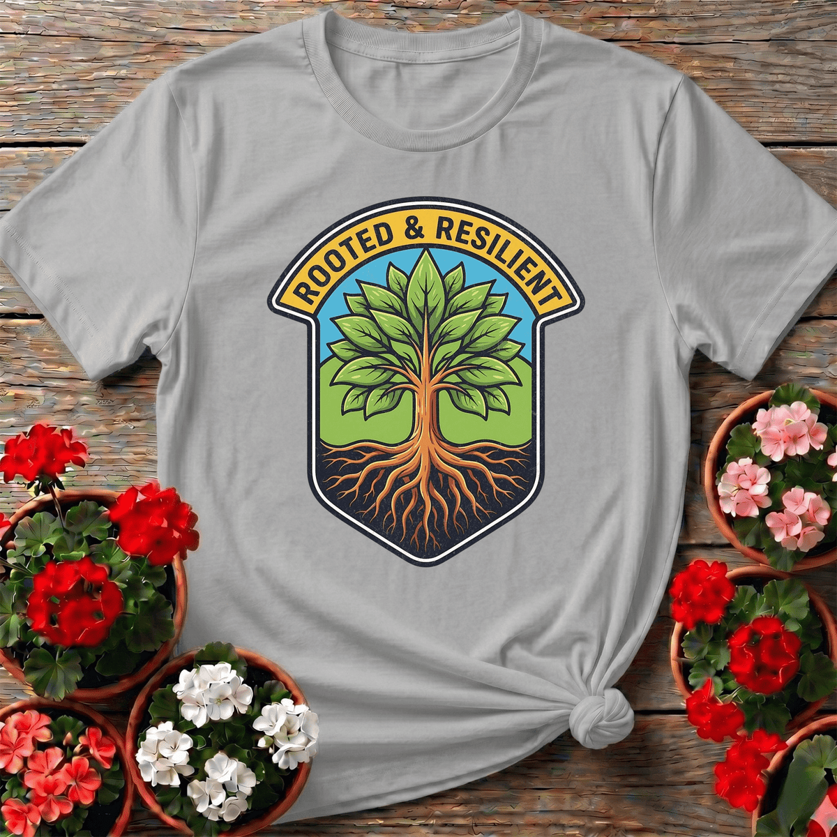 Rooted and Resilient Strong Tree Badge Tee - GardeningTshirts