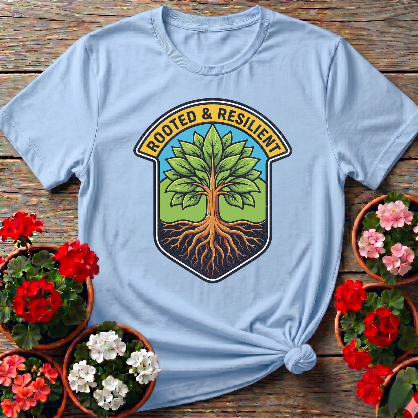 Rooted and Resilient Strong Tree Badge Tee - GardeningTshirts