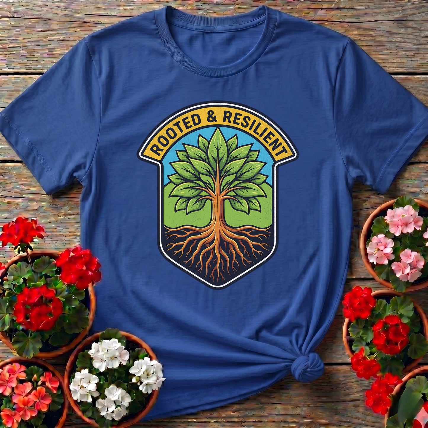 Rooted and Resilient Strong Tree Badge Tee - GardeningTshirts